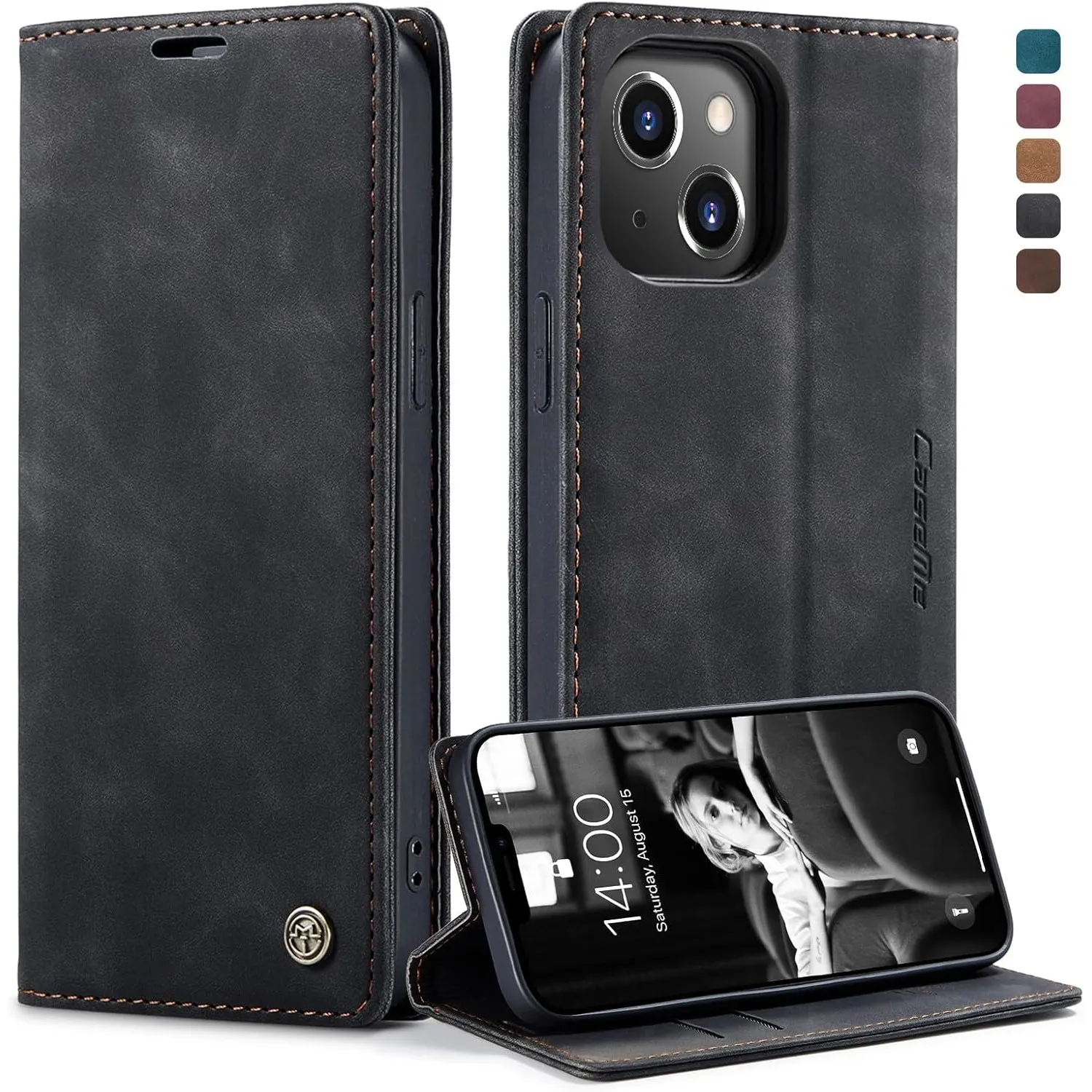 Handyhülle für iPhone 13 Hülle, Premium Lederhülle Weiches Vintage-Nubukleder Faltbare Ständer Klapphülle Kartenfach St…