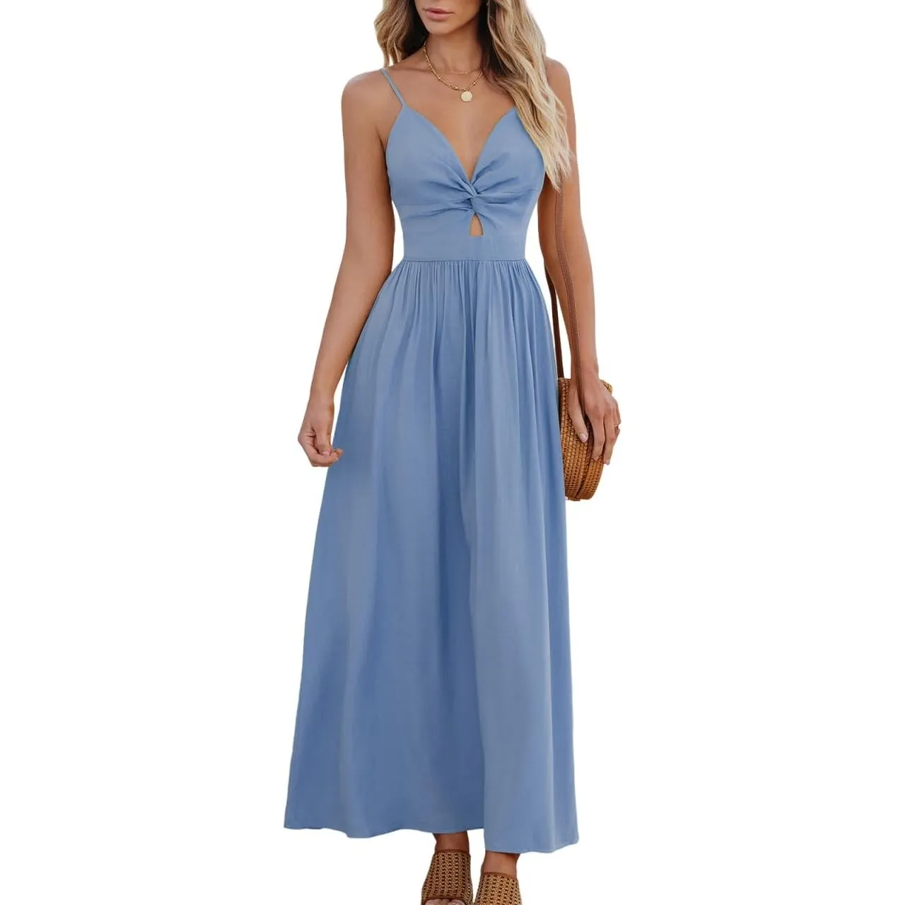CUPSHE Damen Sommerkleid Boho V Ausschnitt Ärmellos Twist Front Strandkleid | Der offene Rücken mit Bindeschleife verle…
