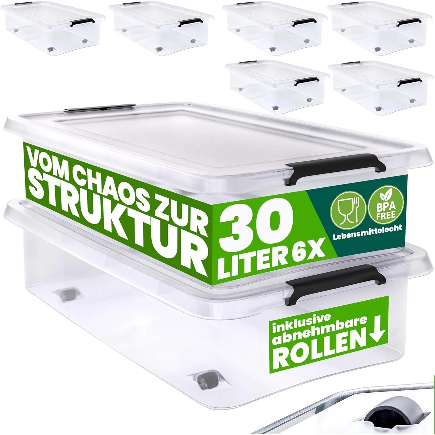 Deuba® Aufbewahrungsboxen 6 x 30l mit Deckel und Rollen, stapelbar, transparent Kunststoff BPA-frei Klickverschluss, RB…