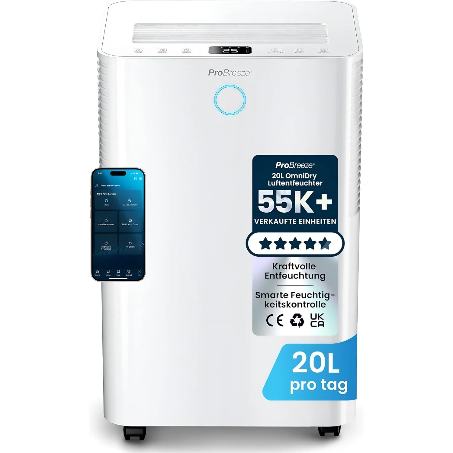 Pro Breeze OmniDry Luftentfeuchter mit App & WLAN, 20L in 24h Entfeuchtungsleistung - Luftentfeuchter elektrisch mit Wä…