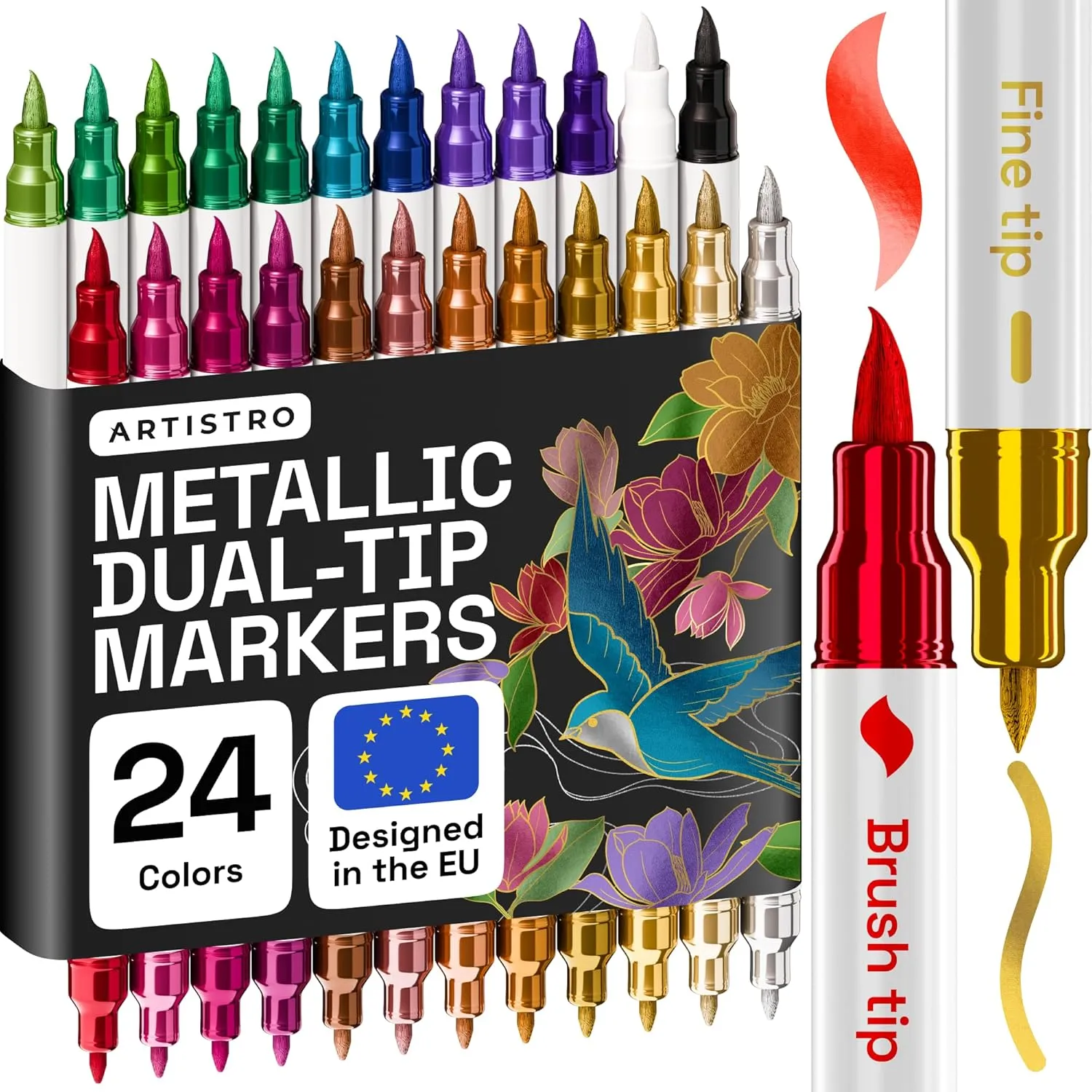 Artistro 24 Metallic Acrylstifte – Dual Tip (Pinsel & Fein) Marker für Stoff, Leinwand, Stein, Glas, Holz – Kalligrafie…