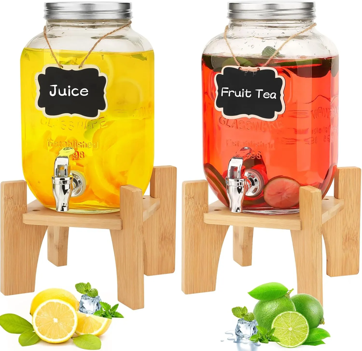 Hisredsun 2 x 4L Getränkespender mit Ständer, Getränkespender Glas mit Zapfhahn, Glas-Wasser-Saft-Spender mit Hahn, Was…