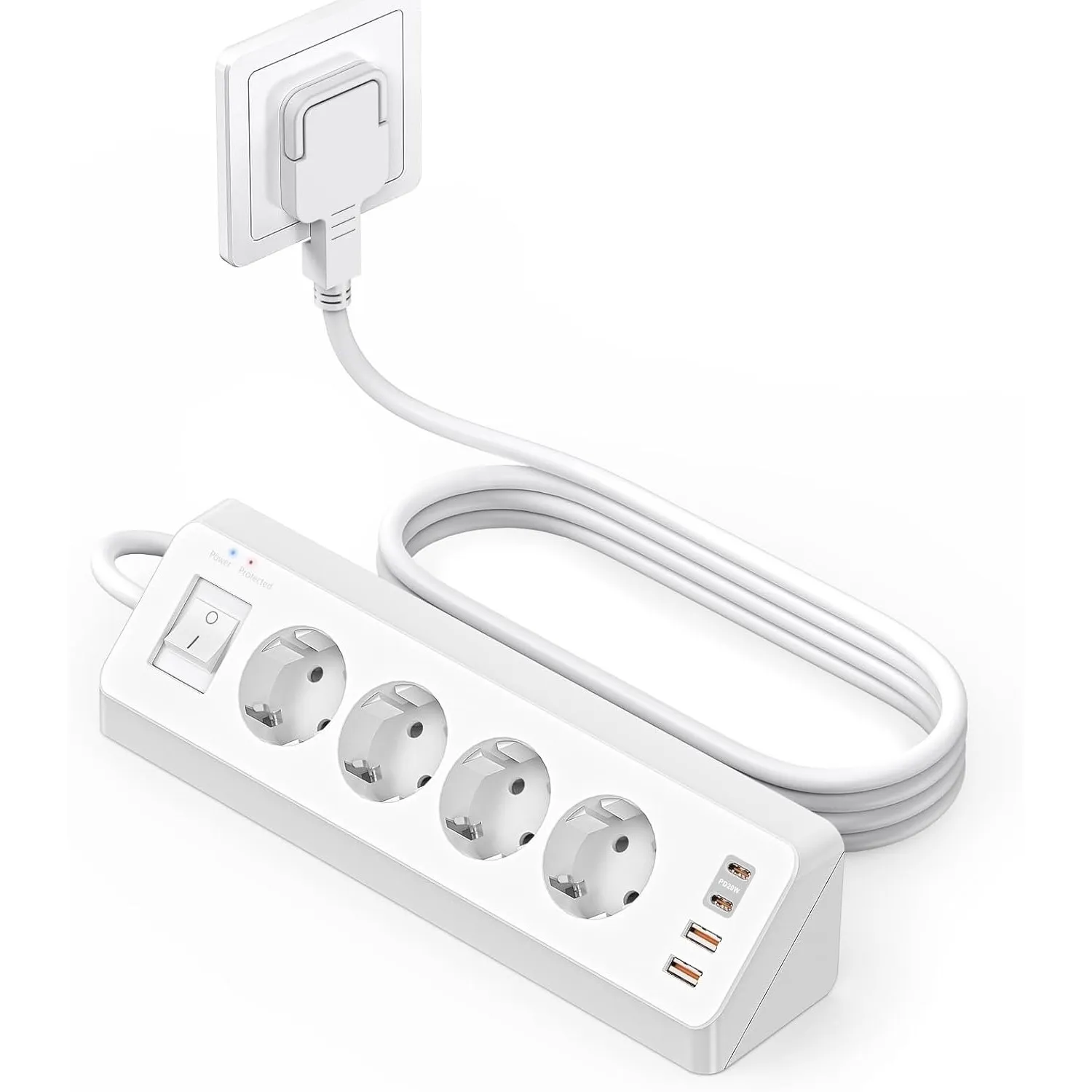 4 Fach Ecksteckdose Flachstecker mit USB C(PD 20W)