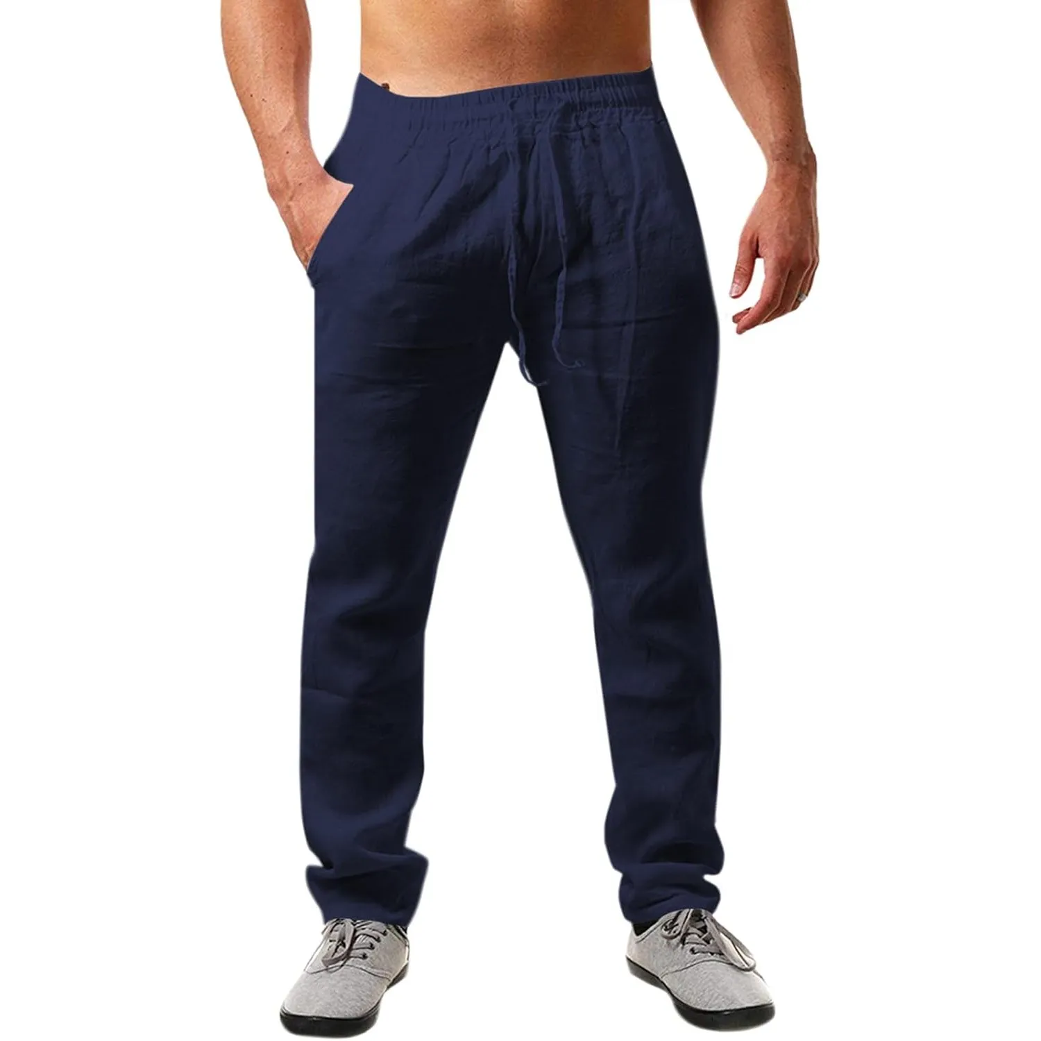 Runcati Herren Leinenhose Lang Sommerhose mit Kordelzug | Loose Fit, Baumwolle, Leinen, Freizeithose, Einfarbiges, Leic…