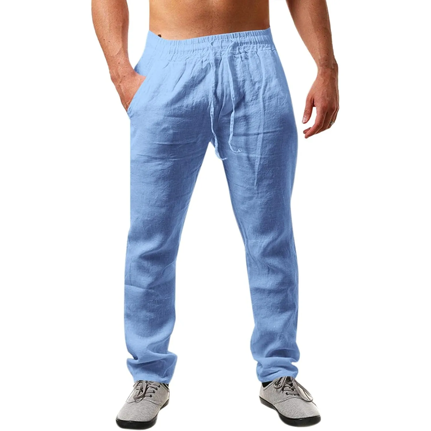 Runcati Herren Leinenhose Lang Sommerhose mit Kordelzug | Loose Fit, Baumwolle, Leinen, Freizeithose, Einfarbiges, Leic…