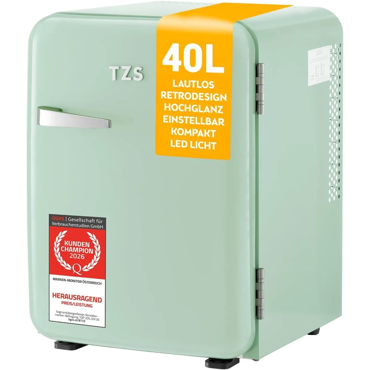 TZS First Austria - Retro Mini Kühlschrank 40L - Lautlos - Vintage Minibar für Schlafzimmer & Büro - mint