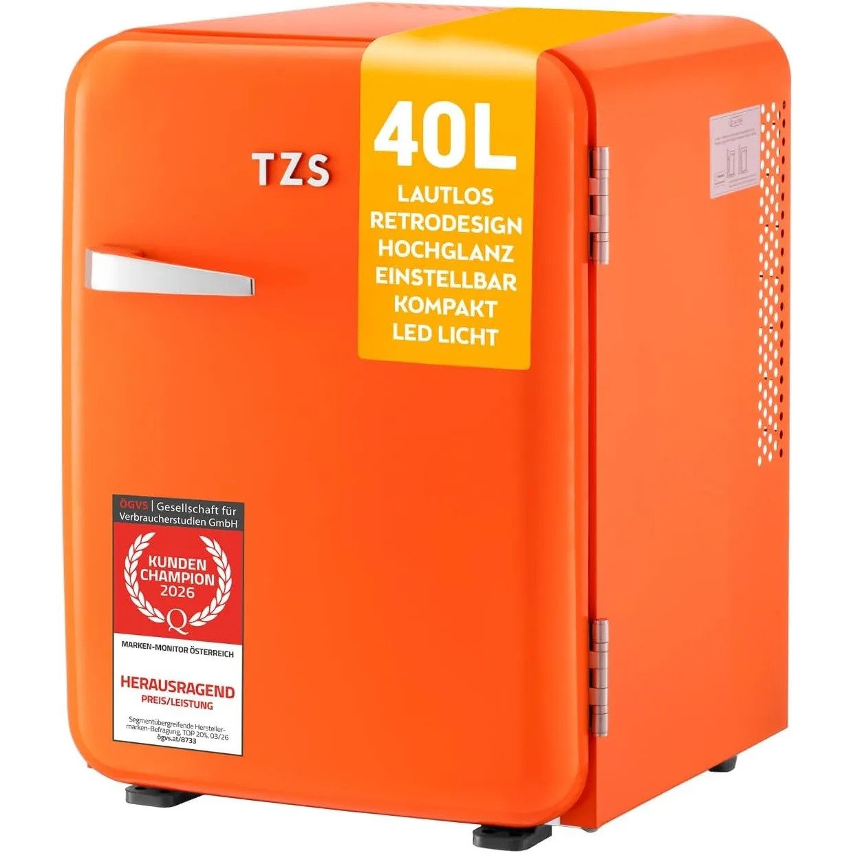 TZS First Austria - Retro Mini Kühlschrank 40L - Lautlos - Vintage Minibar für Schlafzimmer & Büro - orange
