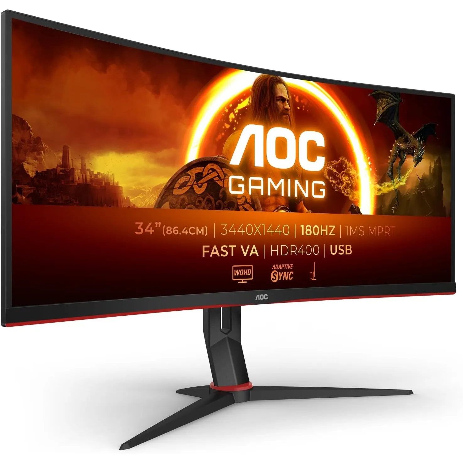 AOC CU34G2XPD/BK 34 Zoll Curved, UW-QHD USB Hub Gaming Monitor, 180Hz, Fast VA Panel, 1ms GtG, HDR400, FreeSync Premium…