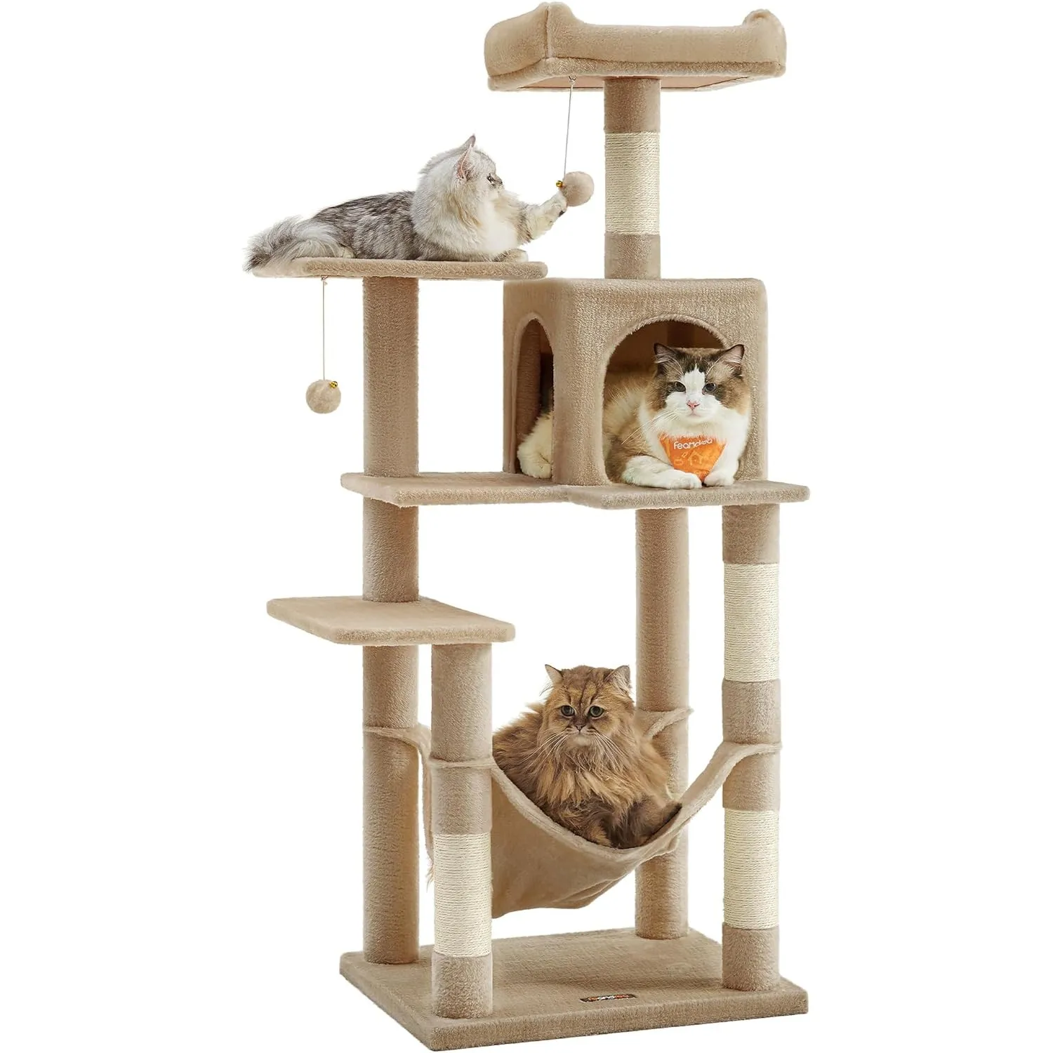 Feandrea Kratzbaum, 143 cm hoch, Katzenbaum, mehrstöckiges Katzenhaus, mit 4 Kratzsäulen, 2 Plattformen, Hängematte, Hö…