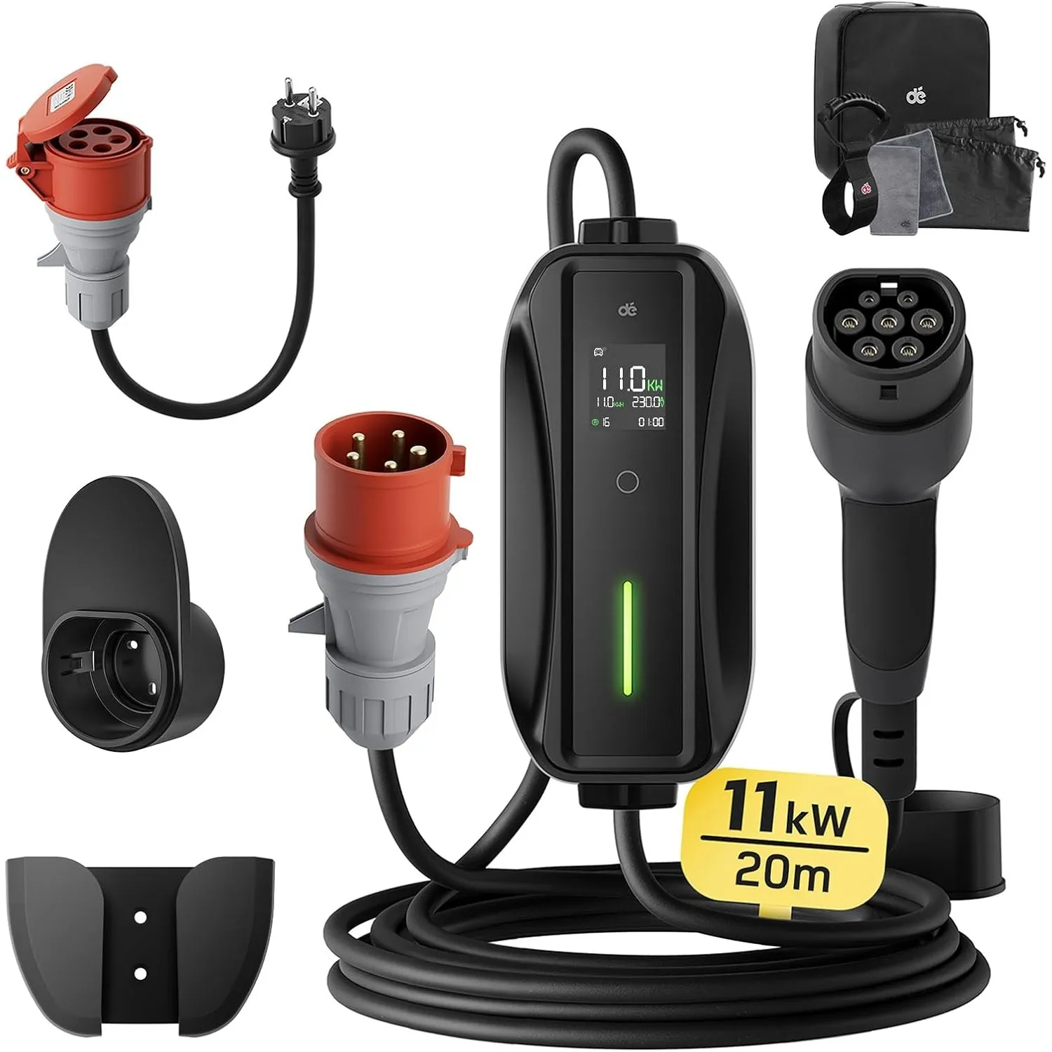 dé Mobile Wallbox/Ladestation 11kW [3-phasig|20m|6-16A] mit Einstellbarer Ladeleistung, Ladekabel CEE 16A auf Typ 2 und…