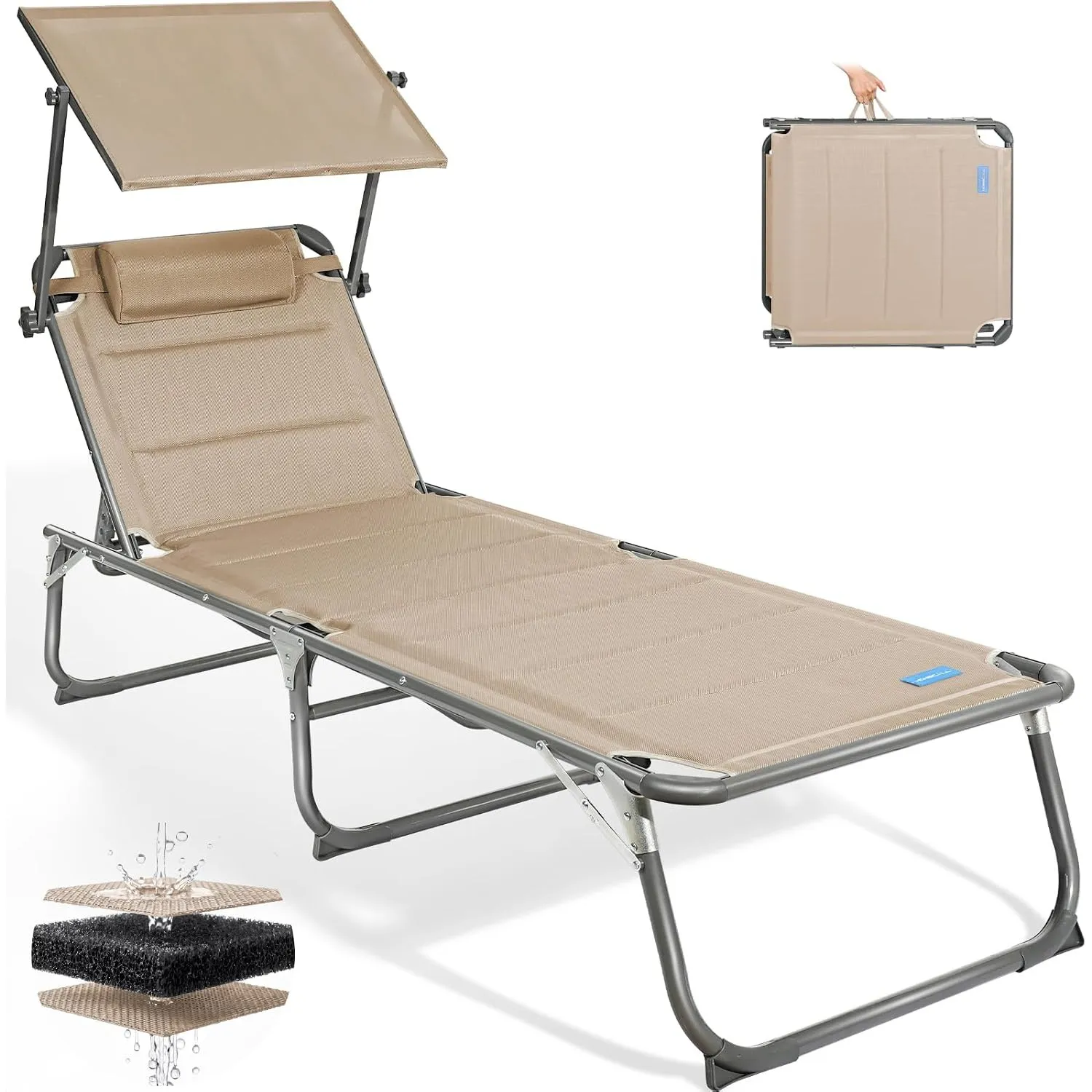 Homecall Sonnenliege Klappbar mit Dach, Kopfstütze, Bis 180 kg, 200x70 cm