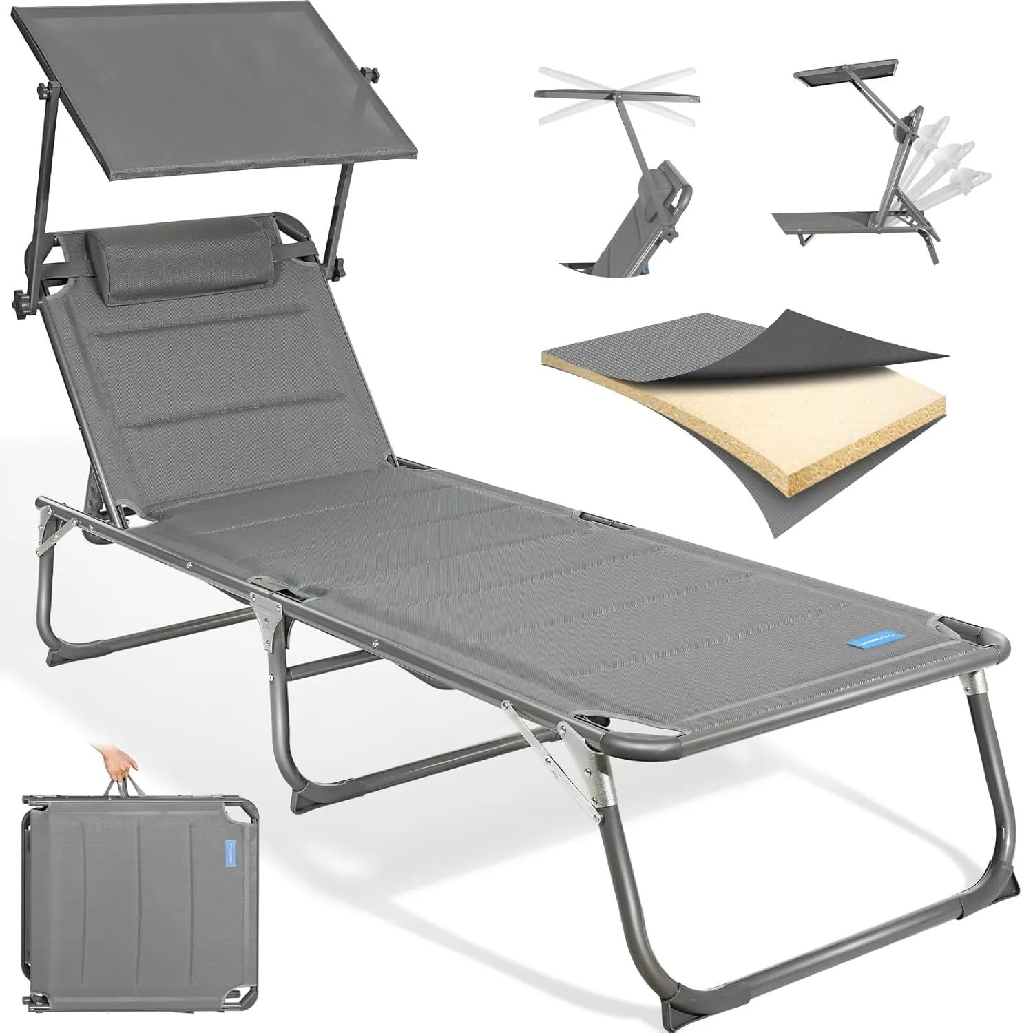 Homecall Folding Sun Lounger with Roof, Headrest, 5-Way Adjustable Backrest, 200 x 70 cm, Garden Lounger, Weatherproof,…