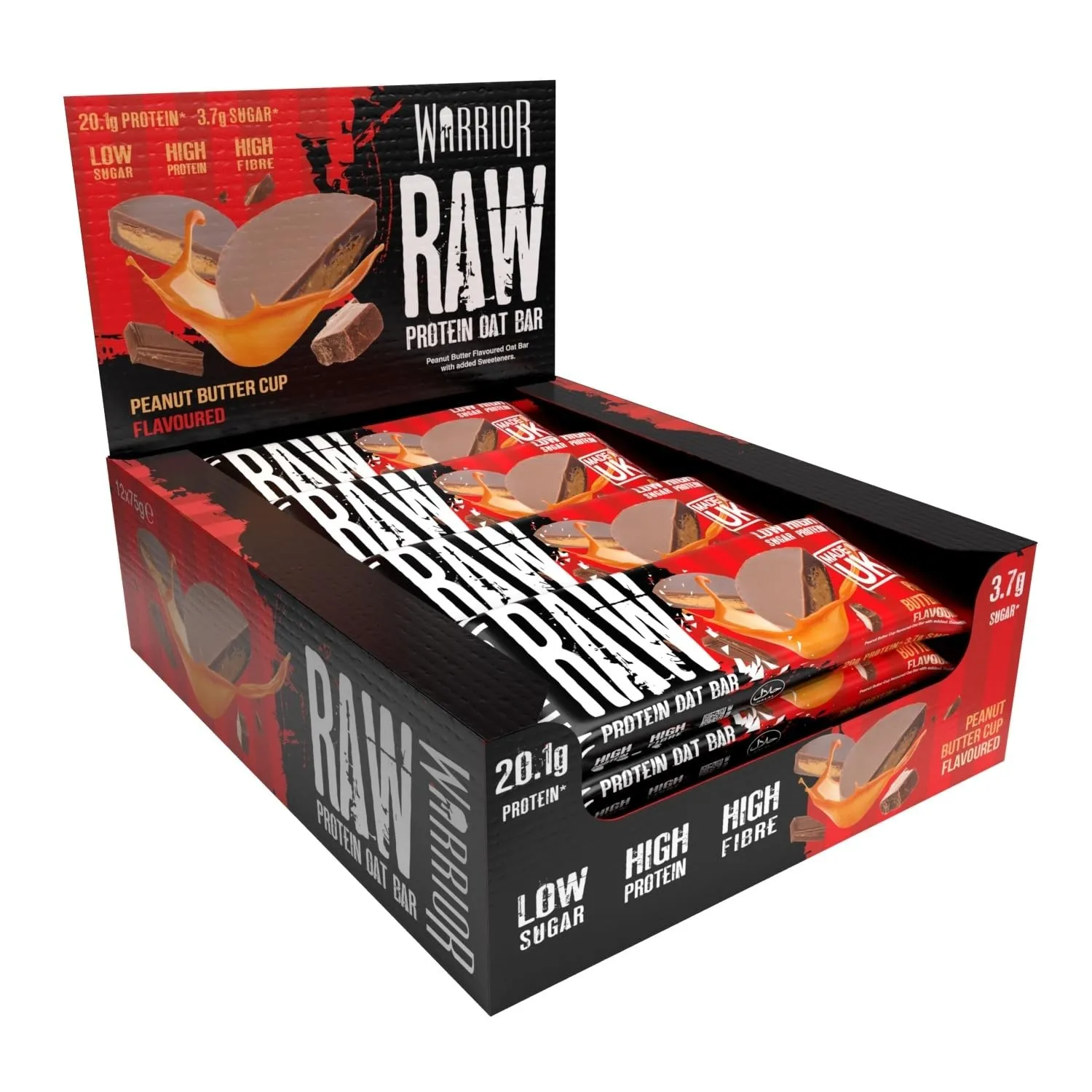 Warrior Raw Proteinriegel 12 x 75 g – Erdnussbutterpraline 12 Riegel, ballaststoffreich, mit Protein & Hafer, als Snack…