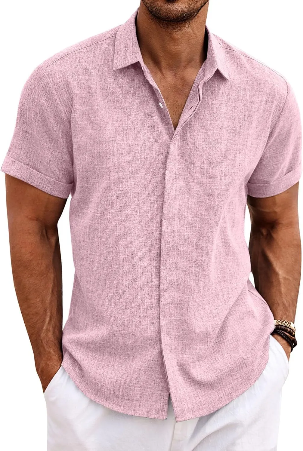 COOFANDY Leinenhemd Herren Kurzarm Hemd Button Down Regular Fit Freizeithemden Sommer Strand Leinen Shirt