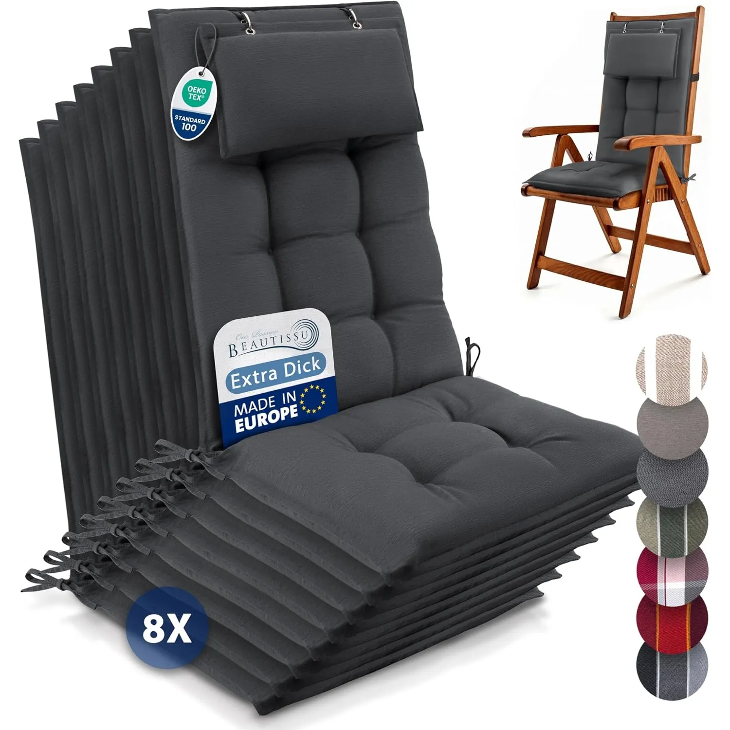 Beautissu 8er Set Premium Hochlehner Auflage mit Kopfpolster rutschfest | 120x50cm 8cm Dick Uni Anthrazit Stoff Polster…