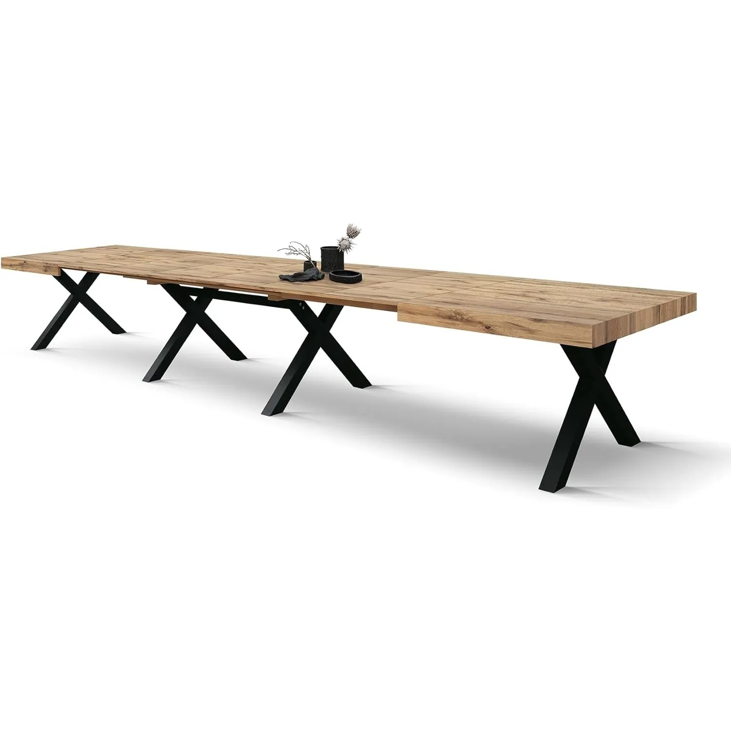 PAZZO DESIGN Ausziehbarer Tisch Roberta, Wohnzimmertisch, Küchentisch, rustische Eiche, schwarze X-förmige Beine, von 1…