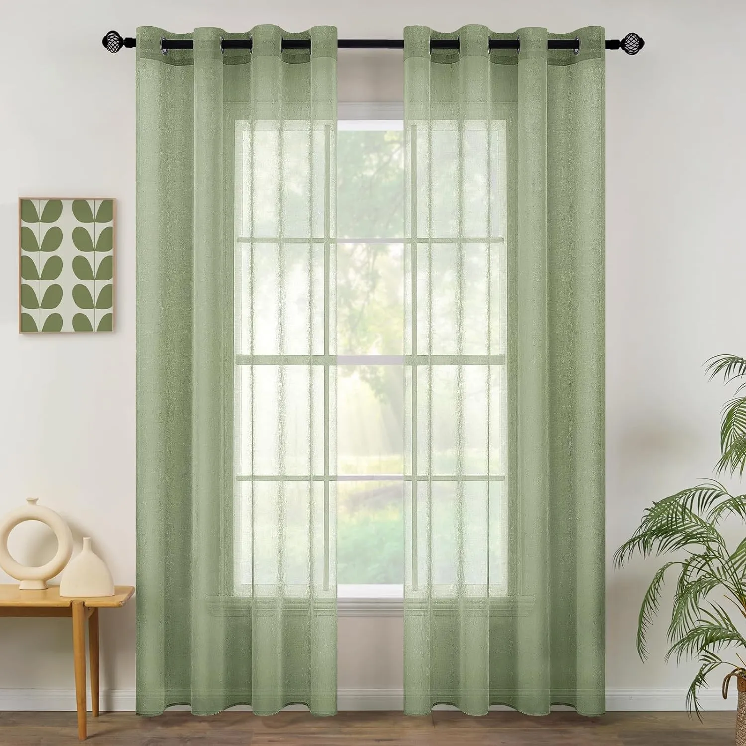 MIULEE Voile Vorhang mit Ösen transparent 140x225 cm 2er Set Salbeigrün