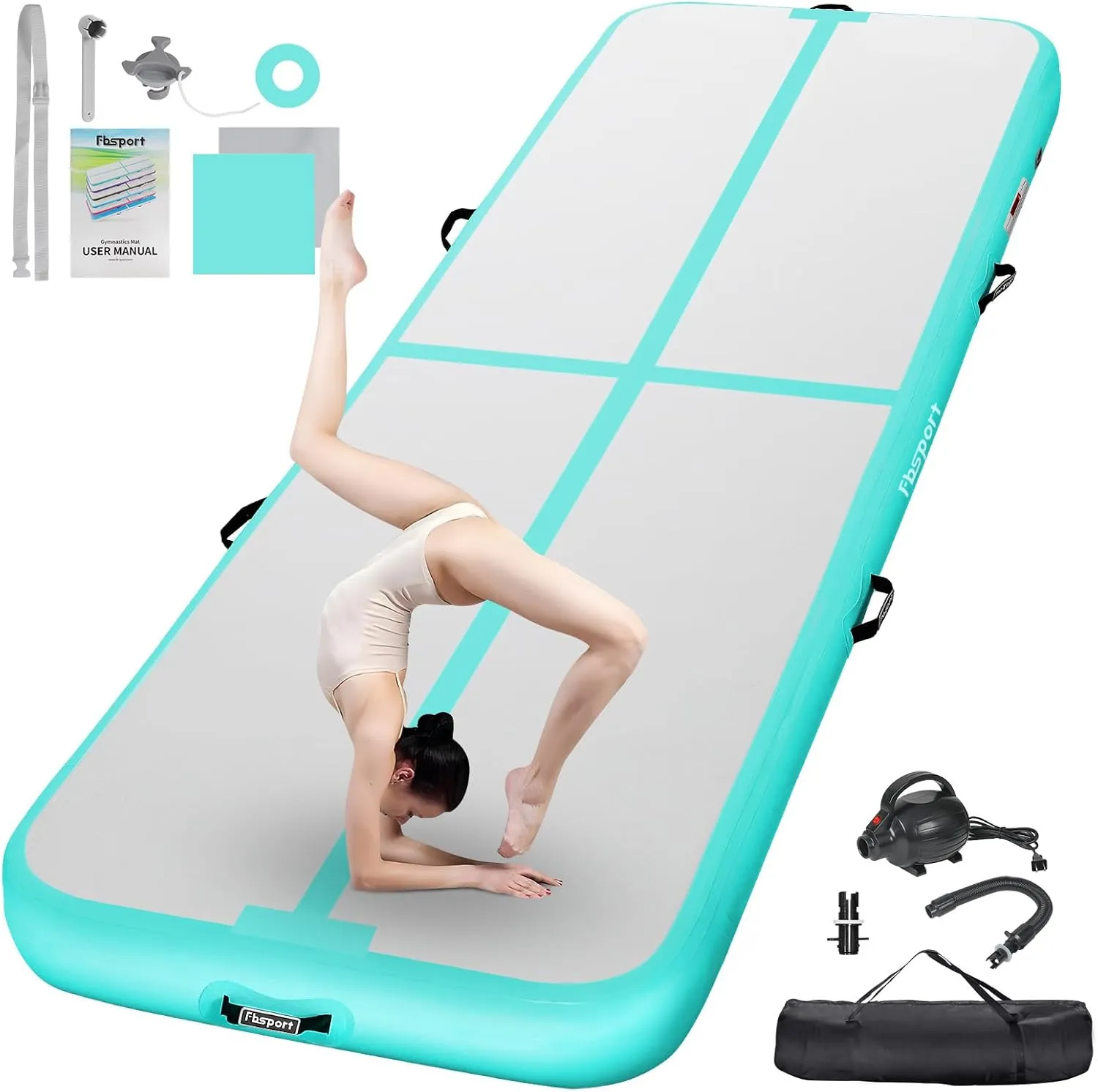 FBSPORT Airtrack Matte,10/20cm Hoch Verdicken 2/3/4/5/6/ M Tumbling Matte,Gymnastikmatte mit Luftpumpe,Trainingsmatte mit Tragetasche,Turnmatte für Zuhause, Outdoor,Yoga, Übungsgymnastik usw