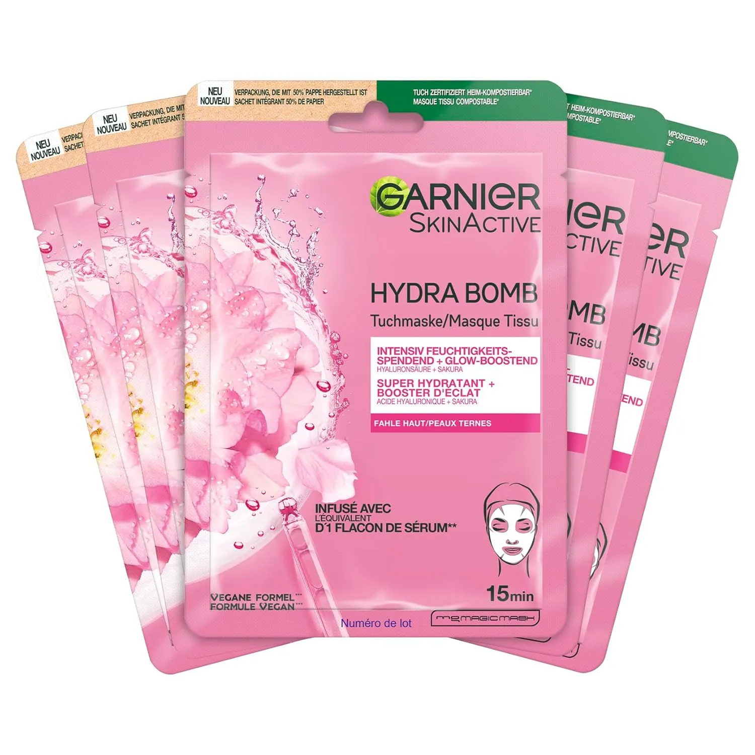 Garnier Tuchmaskenset Sakura fürs Gesicht bei fahler Haut, Feuchtigkeit und Glow, Mit Hyaluronsäure und Sakura, SkinAct…