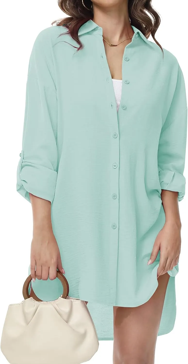 Tanmolo Women's Blouse, V-Neck Shirt Blouse, Long-Sleeve Casual Shirt, Button-Up Long-Sleeve Shirt, Casual Tops, Roll-U…