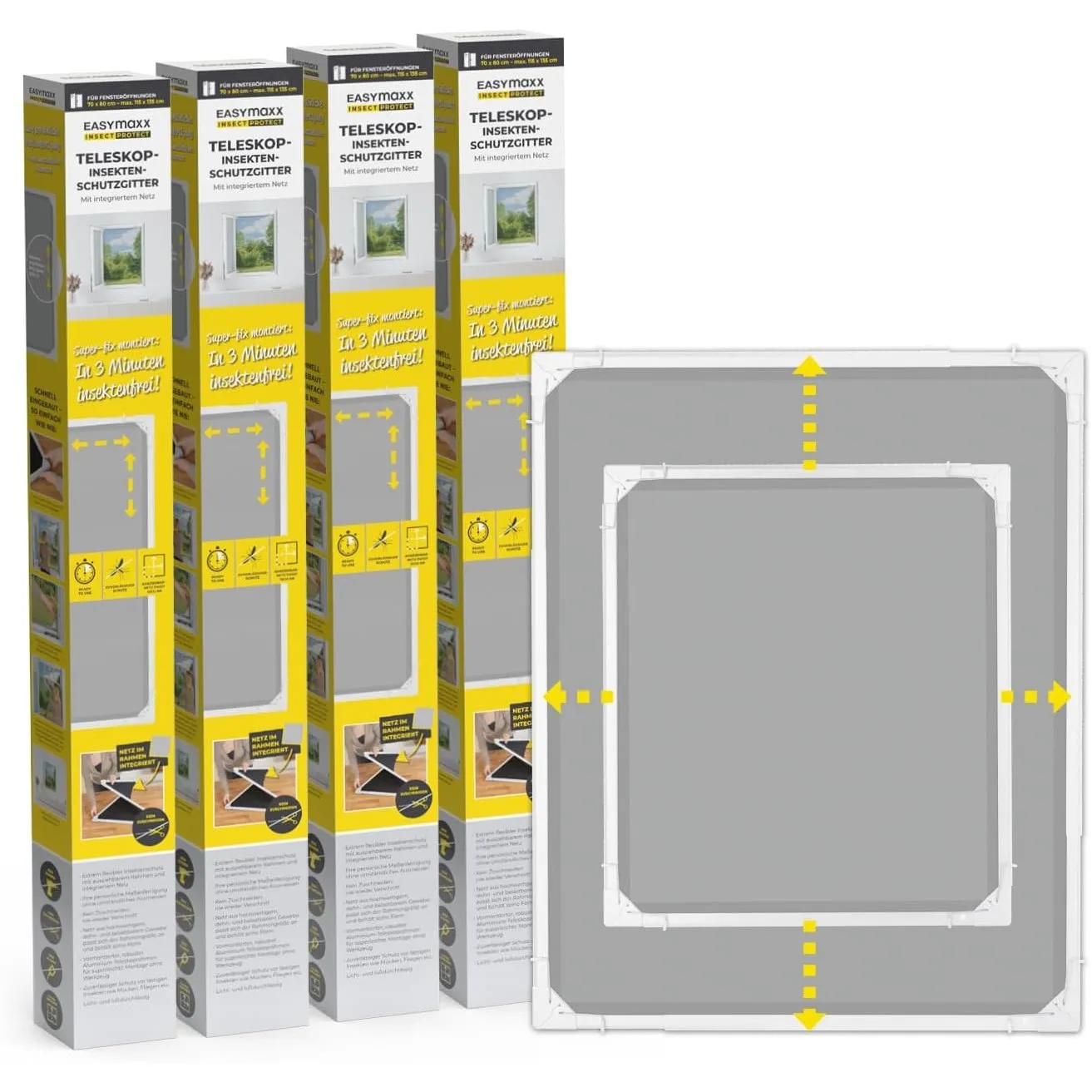 EASYmaxx Insect Protect | Teleskop-Insektenschutzgitter | Fliegengitter Fenster | mit vormontierten Rahmen | ausziehbar…