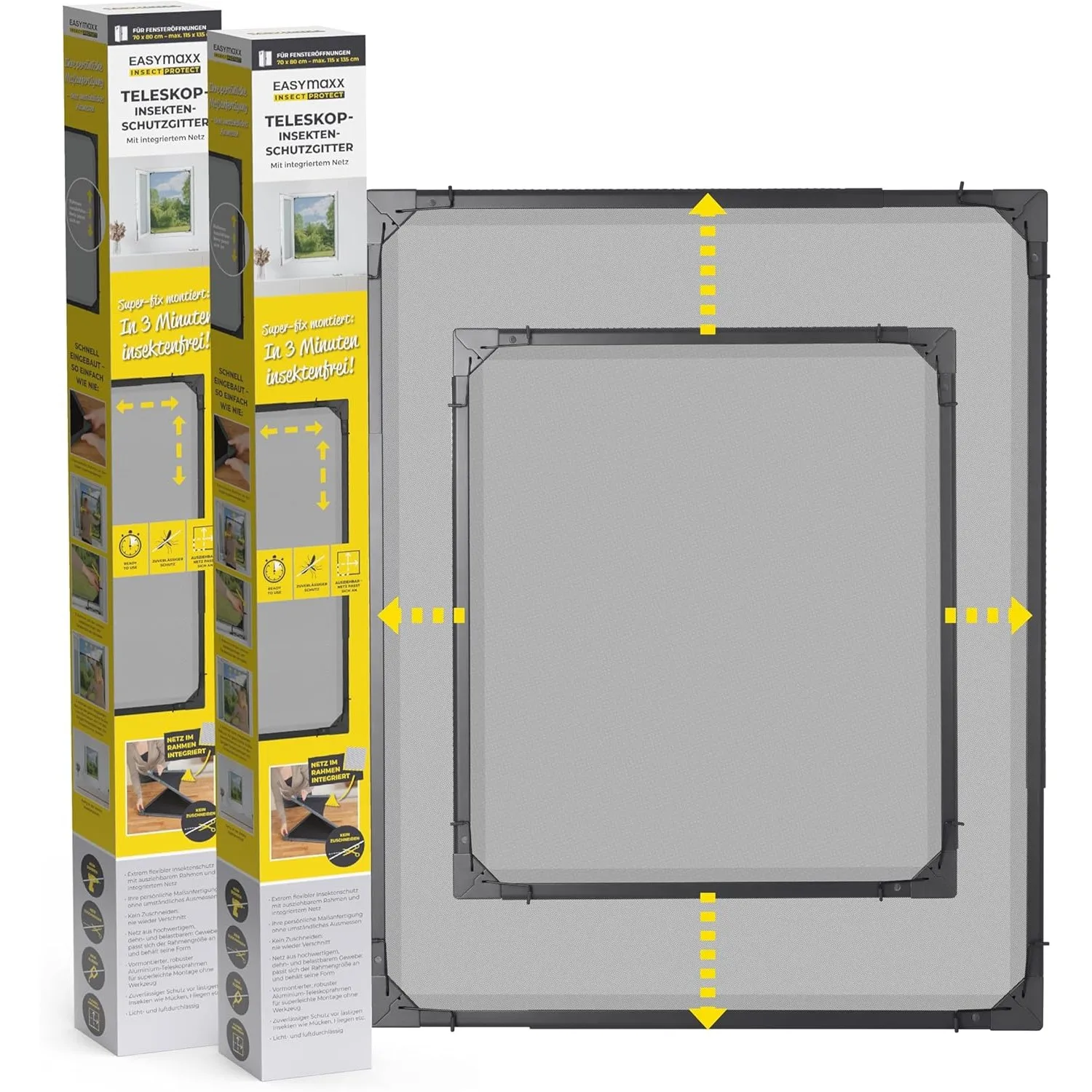 EASYmaxx Insect Protect | Teleskop-Insektenschutzgitter | Fliegengitter Fenster | mit vormontierten Rahmen | ausziehbar…