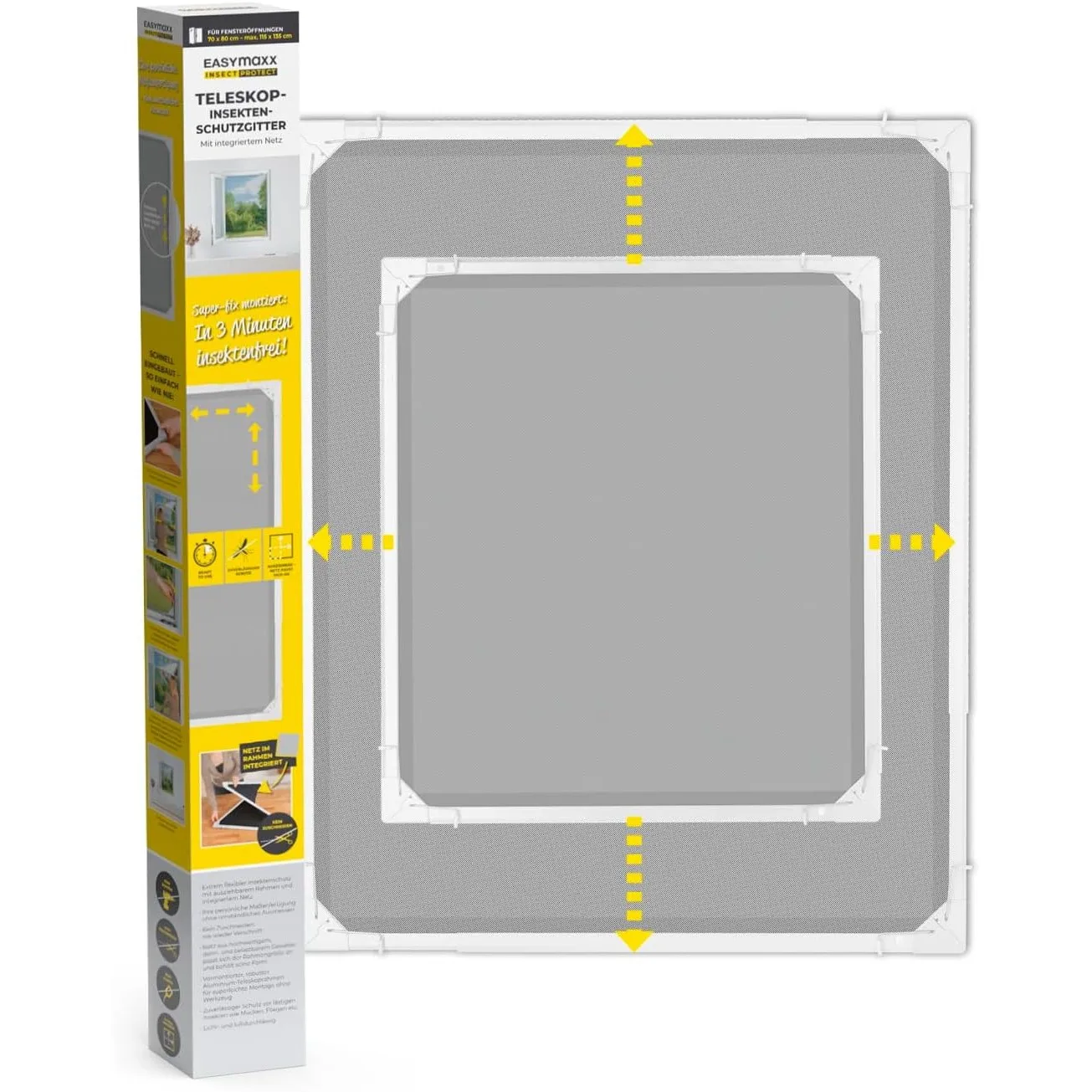 EASYmaxx Insect Protect | Teleskop-Insektenschutzgitter | Fliegengitter Fenster | mit vormontierten Rahmen | ausziehbar…