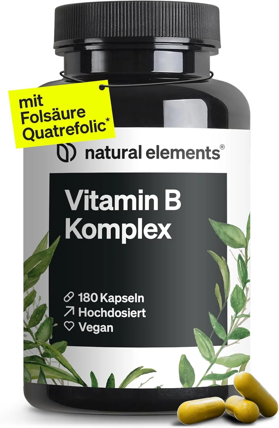 natural elements Vitamin B Complex - 180 Capsules - High Dose: With 500 µg Vitamin B12 - All 8 B Vitamins (B1, B2, B3, …