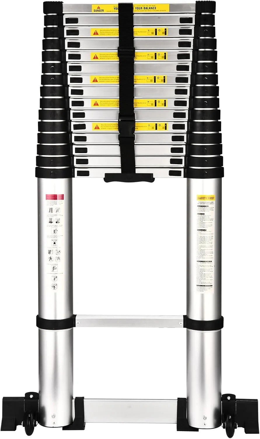 HBTower Teleskopleiter 6,3 m mit Stabilisator, Klappbare Profi-Ausziehleiter aus Aluminium mit Rutschfesten Füßen, Extr…