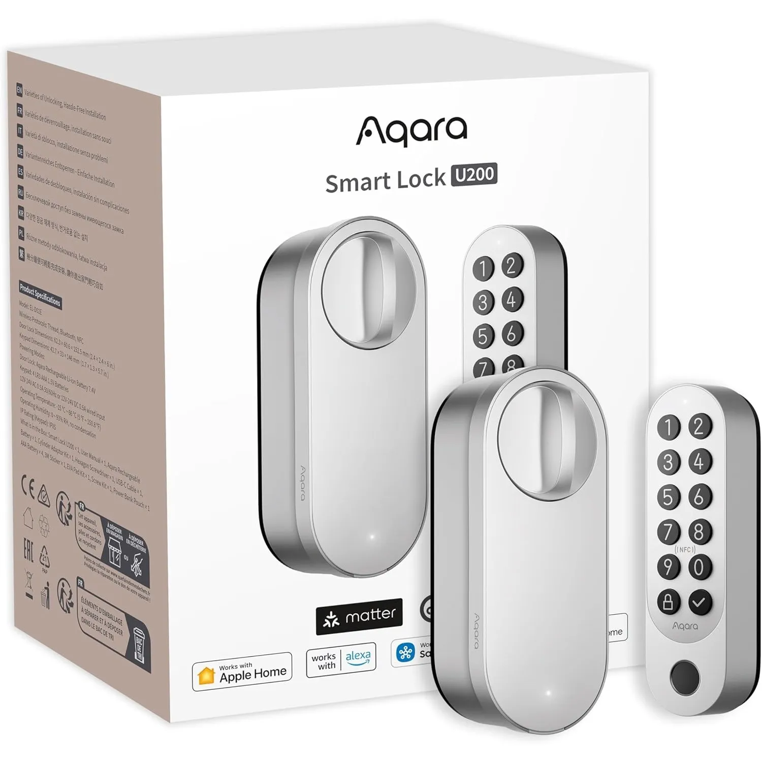 Aqara Smart Lock U200 (mit Fingerabdruck), Matter Over Thread, Smartes Türschlosss mit Apple Home Key und Aufladbarem A…