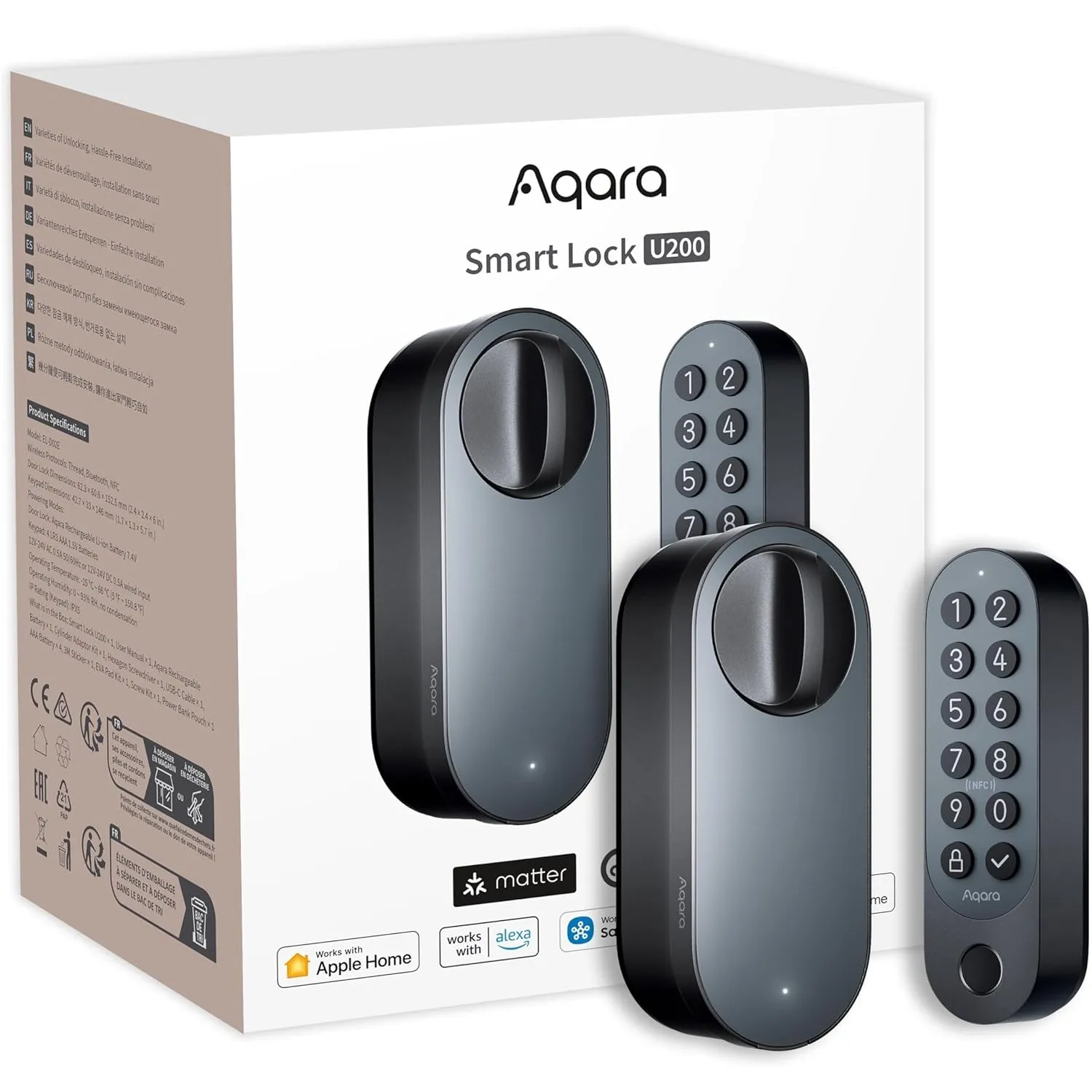 Aqara Smart Lock U200 mit Apple Home Key, Matter Over Thread, Schwarz