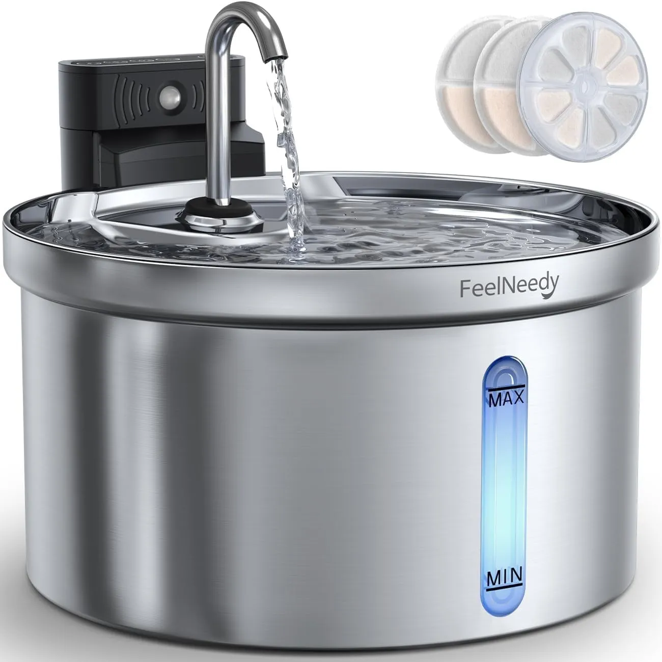 FEELNEEDY 3,5L Katzenbrunnen Edelstahl Kabellos mit Sensor, Trinkbrunnen für Katze mit Akku 4000mAh Katzen Batteriebetr…