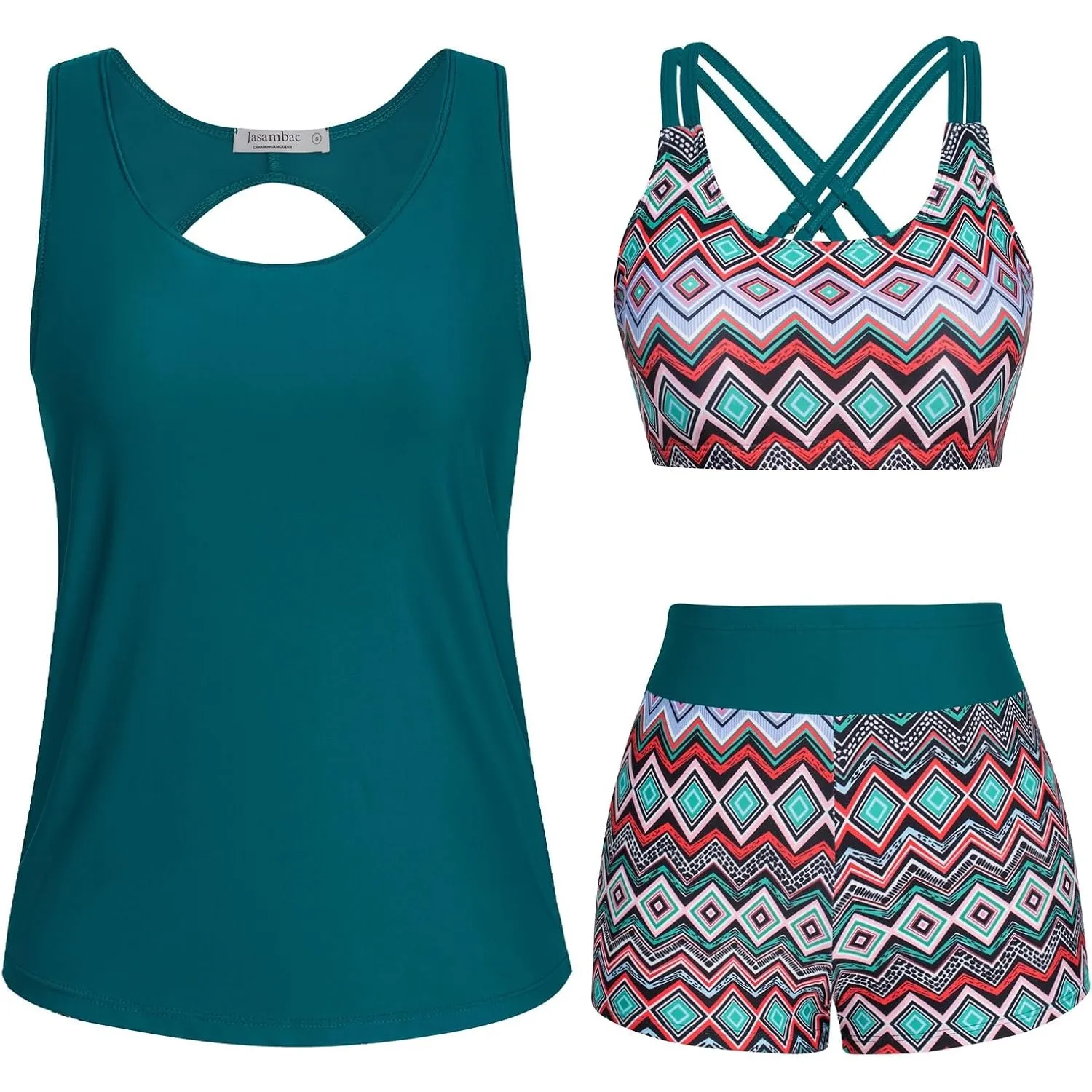 JASAMBAC 3-teiliger Tankini Damen Bauchweg, Push-up-Bikinioberteil und High Waist Badeshorts, einfache Badebekleidung, …