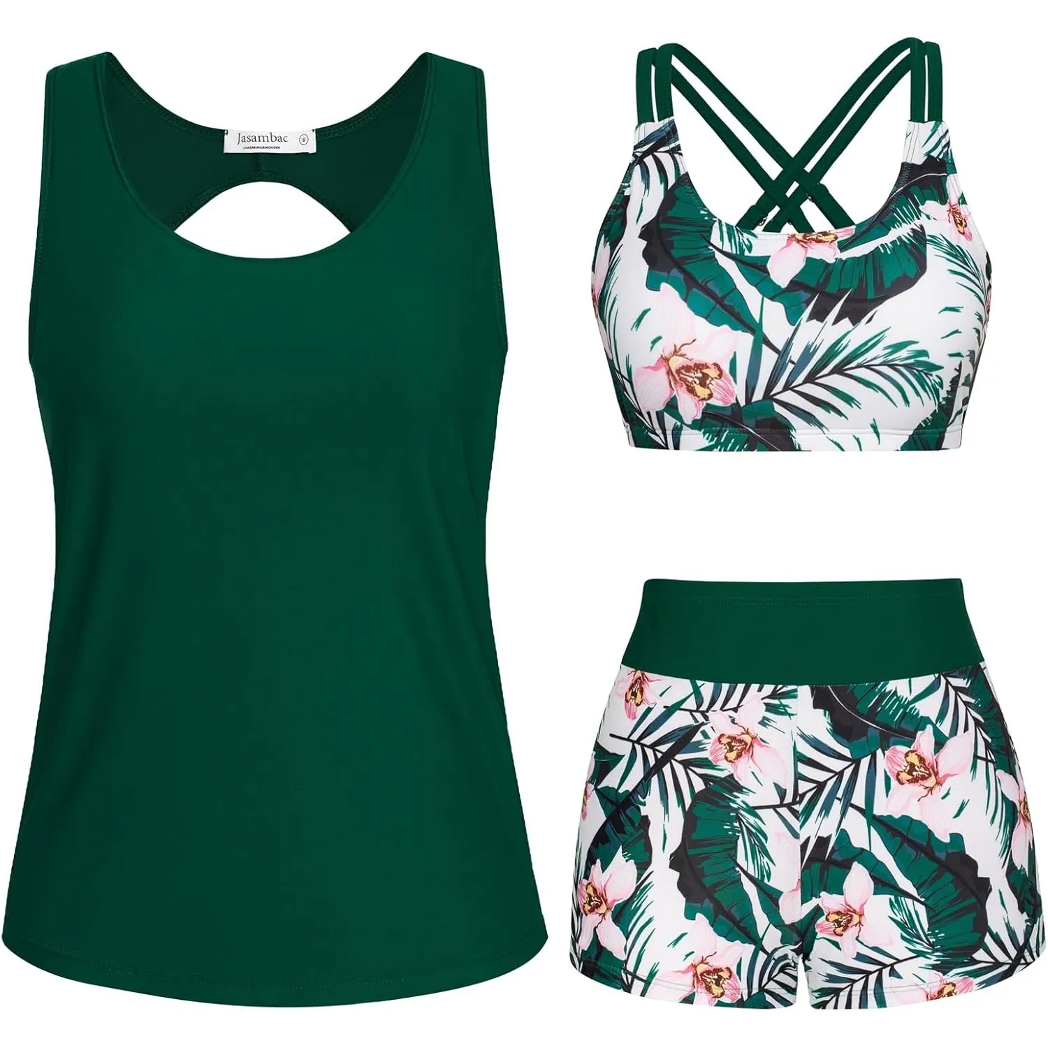 JASAMBAC 3-teiliger Tankini Damen Bauchweg, Push-up-Bikinioberteil und High Waist Badeshorts, einfache Badebekleidung, …