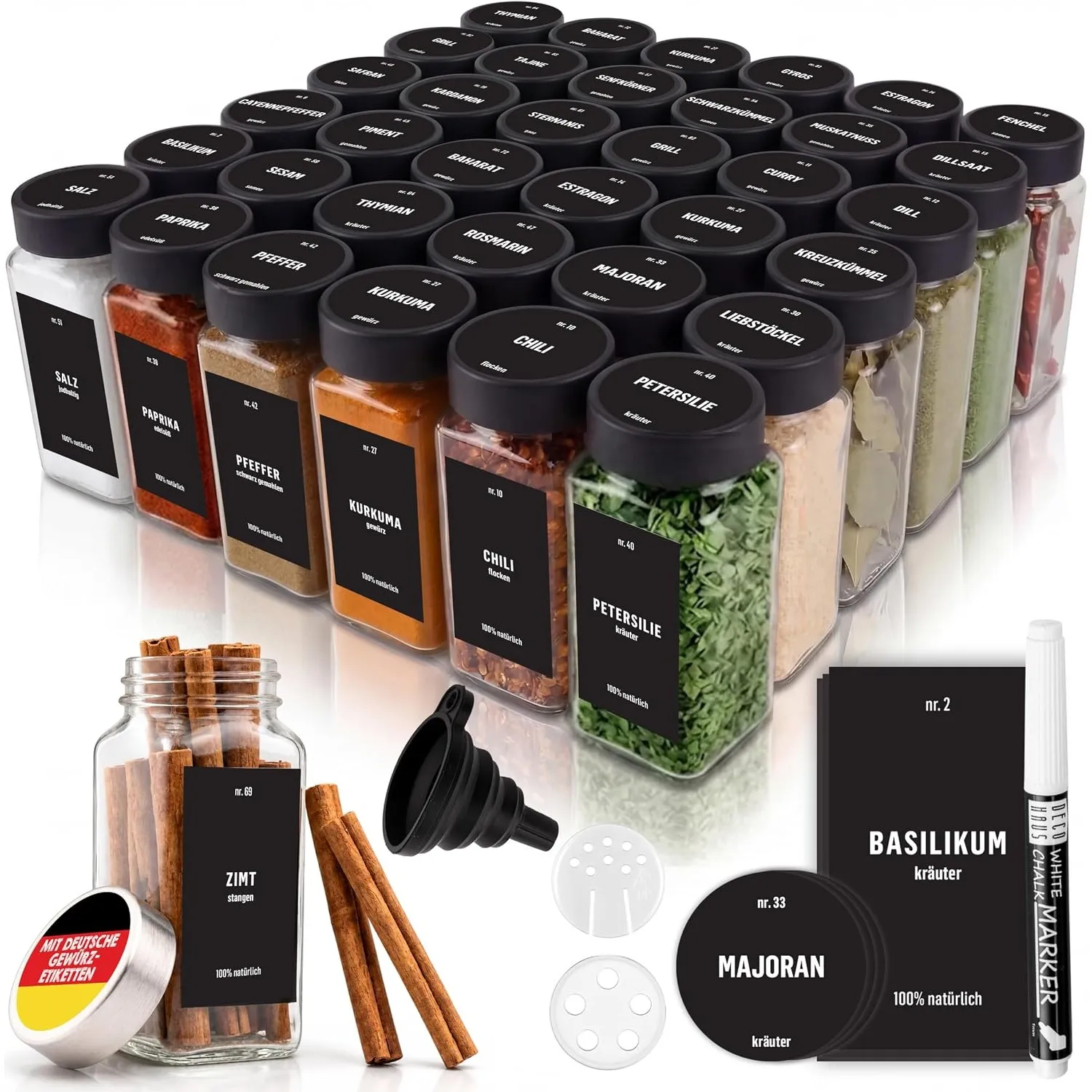 Deco haus Gewürzgläser Eckig Luftdicht (36 x 120ml) mit 280 Gewürzetiketten | Gewürzdosen Glas Set - Gewürzbehälter Spi…