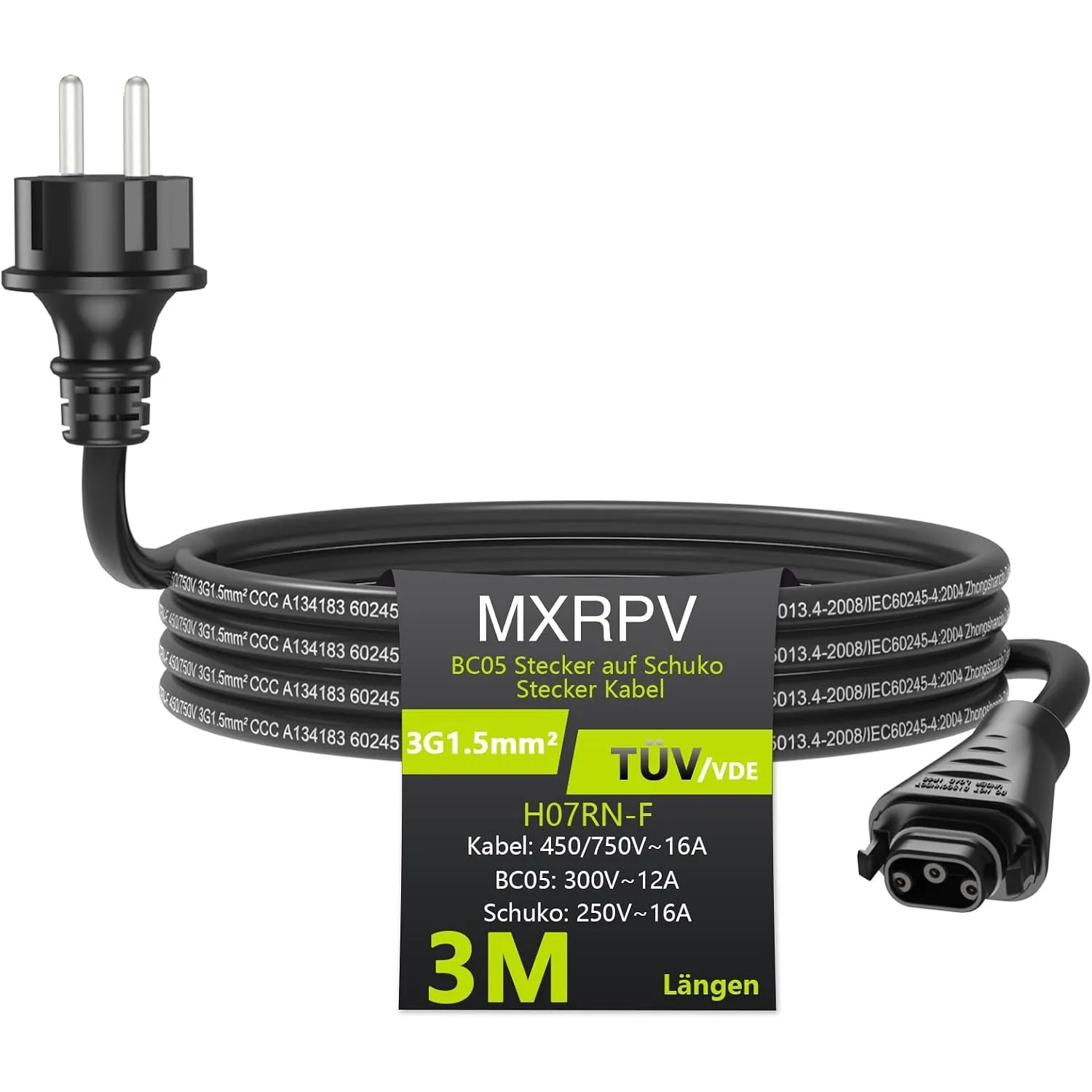 BC-05 Kabel 2/3/5/10/15M, BC-05 Buchse auf Schuko Stecker AC Anschlusskabel, Anschlusskabel mit BC-05 Männlich Stecker …