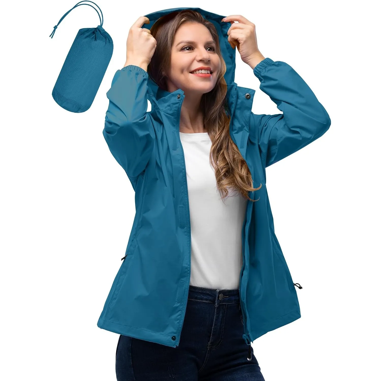 33,000ft Damen Wasserdichte Faltbar Regenjacke mit Kapuze, Leicht Atmungsaktive Windbreaker Jacke, Fahrradjacke für Fra…