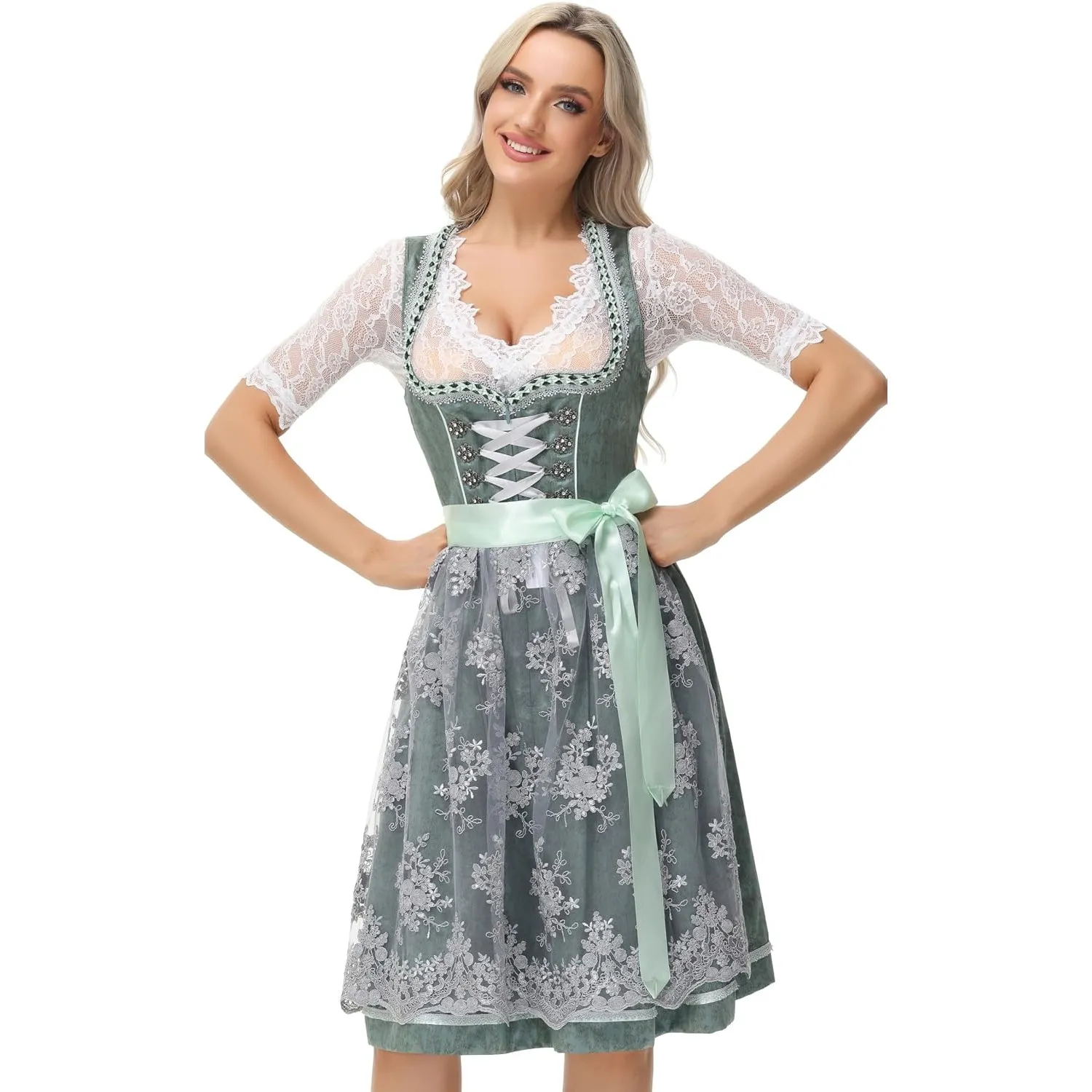 TrendiMax Trachten Damen Dirndl Midi Dirndlkleid Tachtenkleid für Oktoberfest mit Spitzenschürze 34-48