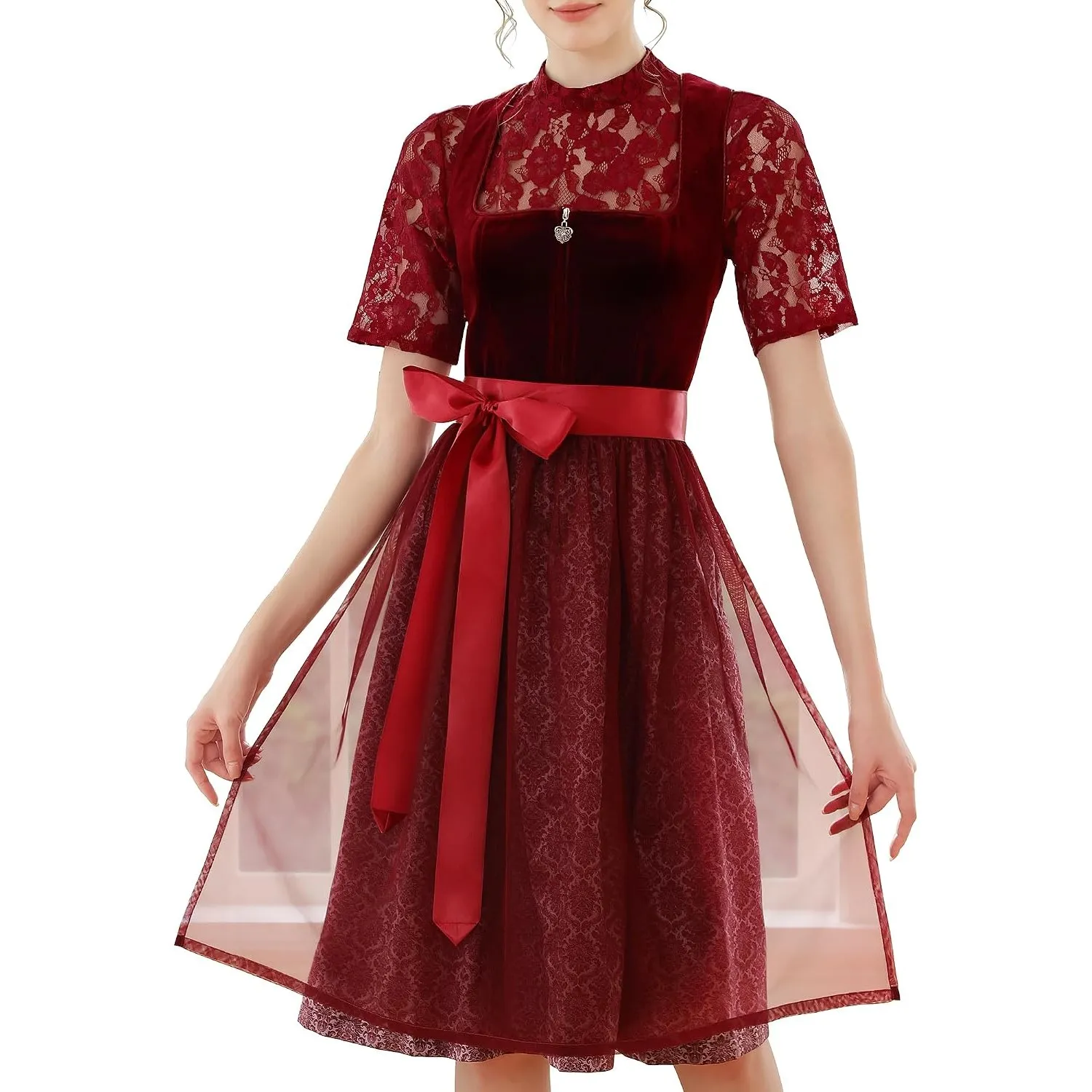 Dirndl Damen midi Lang Dirndl Trachtenkleid Trachtenrock Dirndl-Komplettsets Trachtenmode Trachten Damen mit 3 Teilig D…