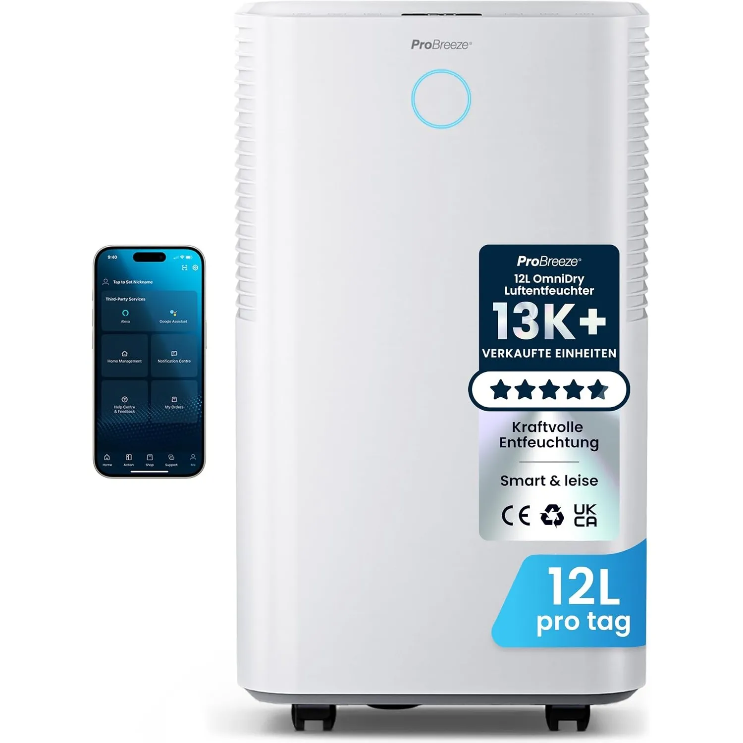 Pro Breeze OmniDry Luftentfeuchter mit App & WLAN, 12L in 24h Entfeuchtungsleistung - Luftentfeuchter elektrisch mit Wä…