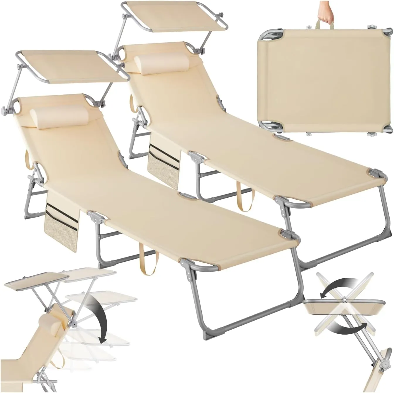 tectake Set of 2 Folding and Portable Sun Loungers, Lounger with Side Pocket, Beach Lounger, Garden Lounger with Roof, …