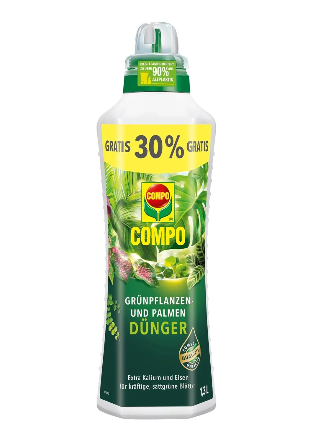 COMPO Grünpflanzendünger und Palmendünger für alle Zimmer-, Balkon- und Terrassenpflanzen, Spezial-Flüssig-Dünger mit extra Kalium und Eisen, 1,3 Liter