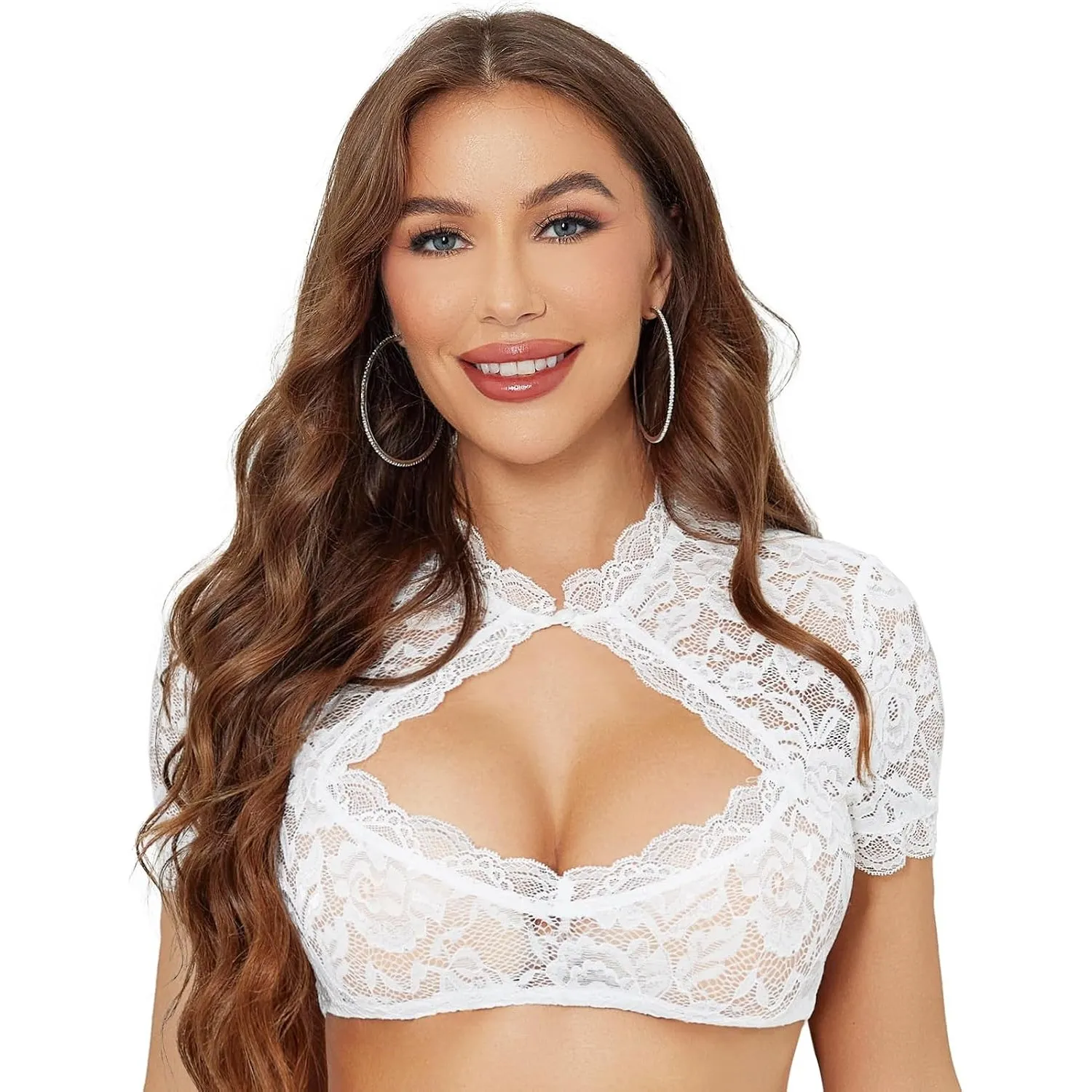 Funspread Dirndlbluse Damen Spitze Weiß - Kurzarm Dirndl Bluse Trachtenbluse für Oktoberfest