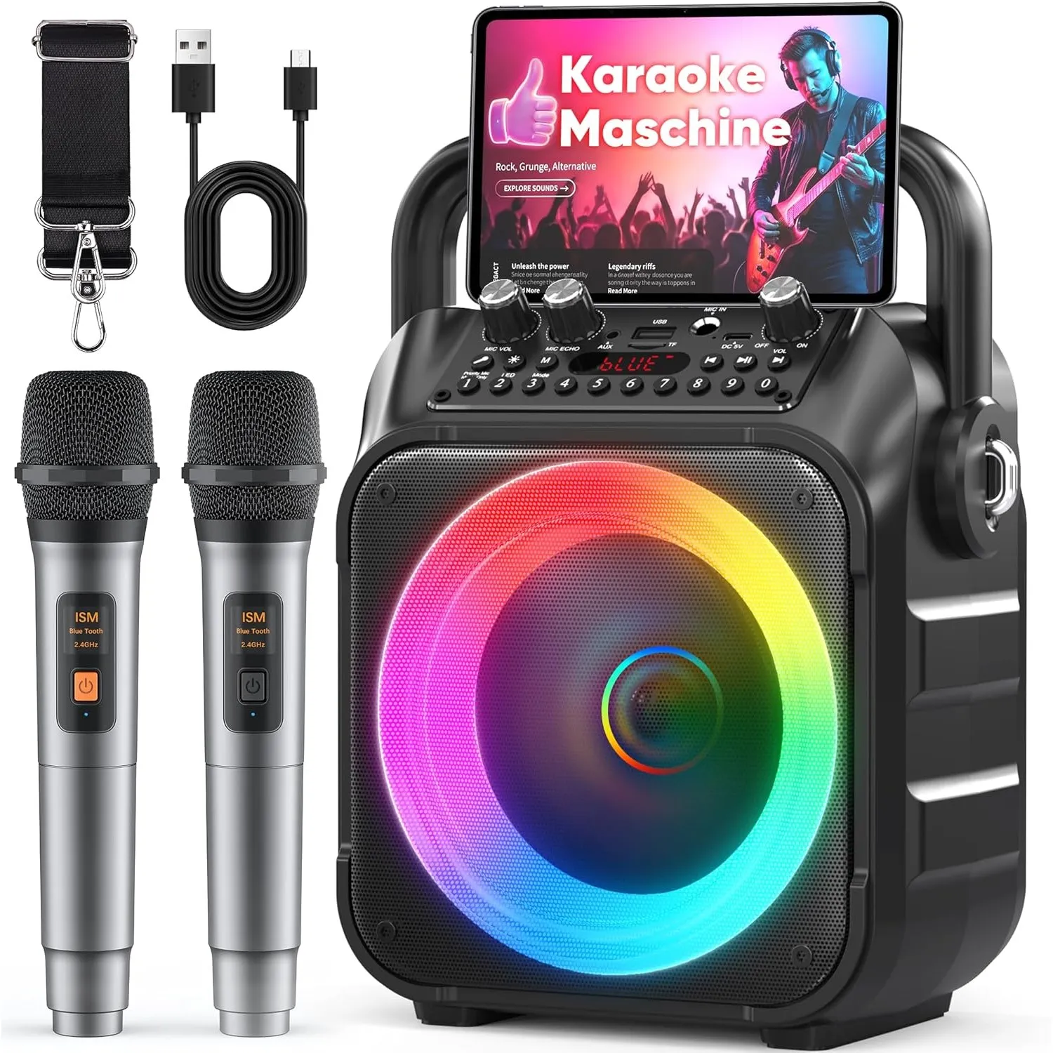 Karaoke Maschine mit 2 kabellosen Mikrofonen, [Neueste] Karaoke Anlage für Erwachsene und Kinder, tragbare Karaoke Box …