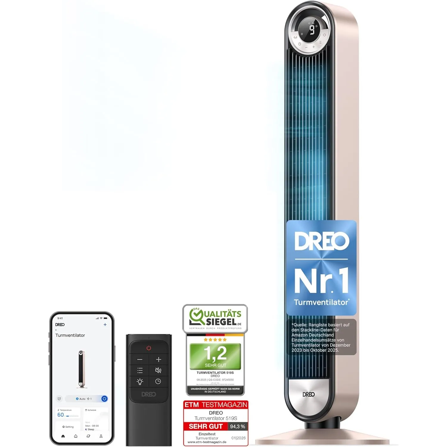 DREO 25dB Smart Leiser Turmventilator mit Kühlung, 106cm WiFi Alexa Tower Fan, 90° oszillierender Ventilator, Fernbedie…