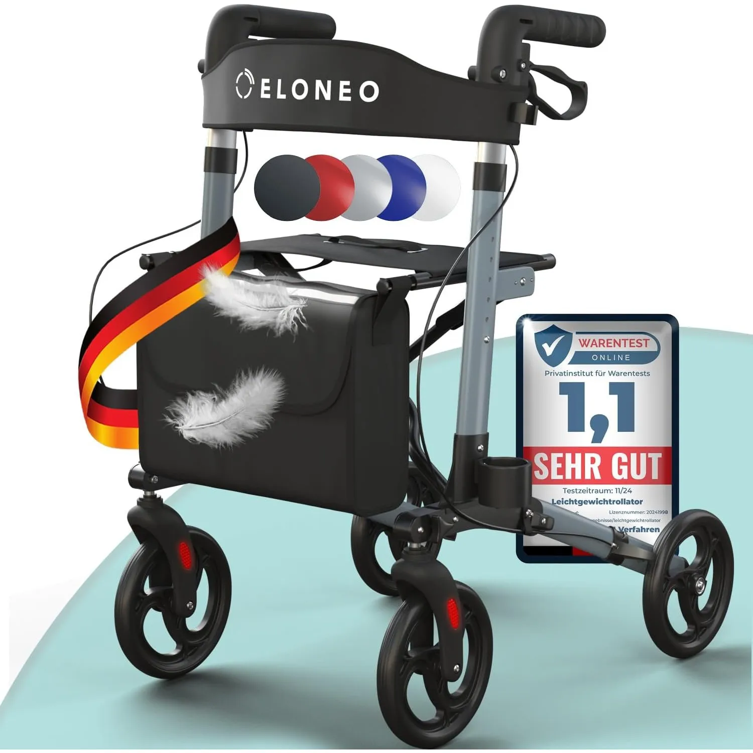 ELONEO Rollator faltbar und leicht mit Sitz, Leichtgewicht-Reiserollator aus Aluminium, Gehhilfe 8-fach höhenverstellba…