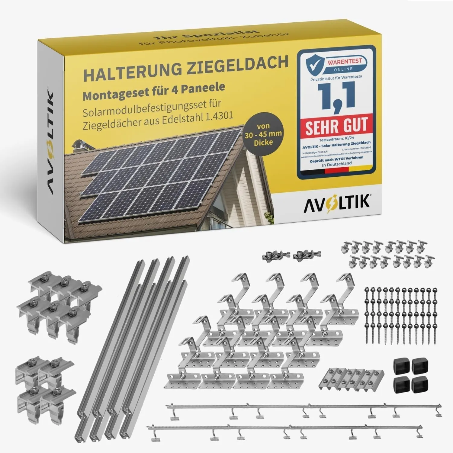 Avoltik Solar Halterung Ziegeldach I Set für 4 PV Module 30-45mm I Solarmodul Halterung Balkonkraftwerk I Solarmodulbef…