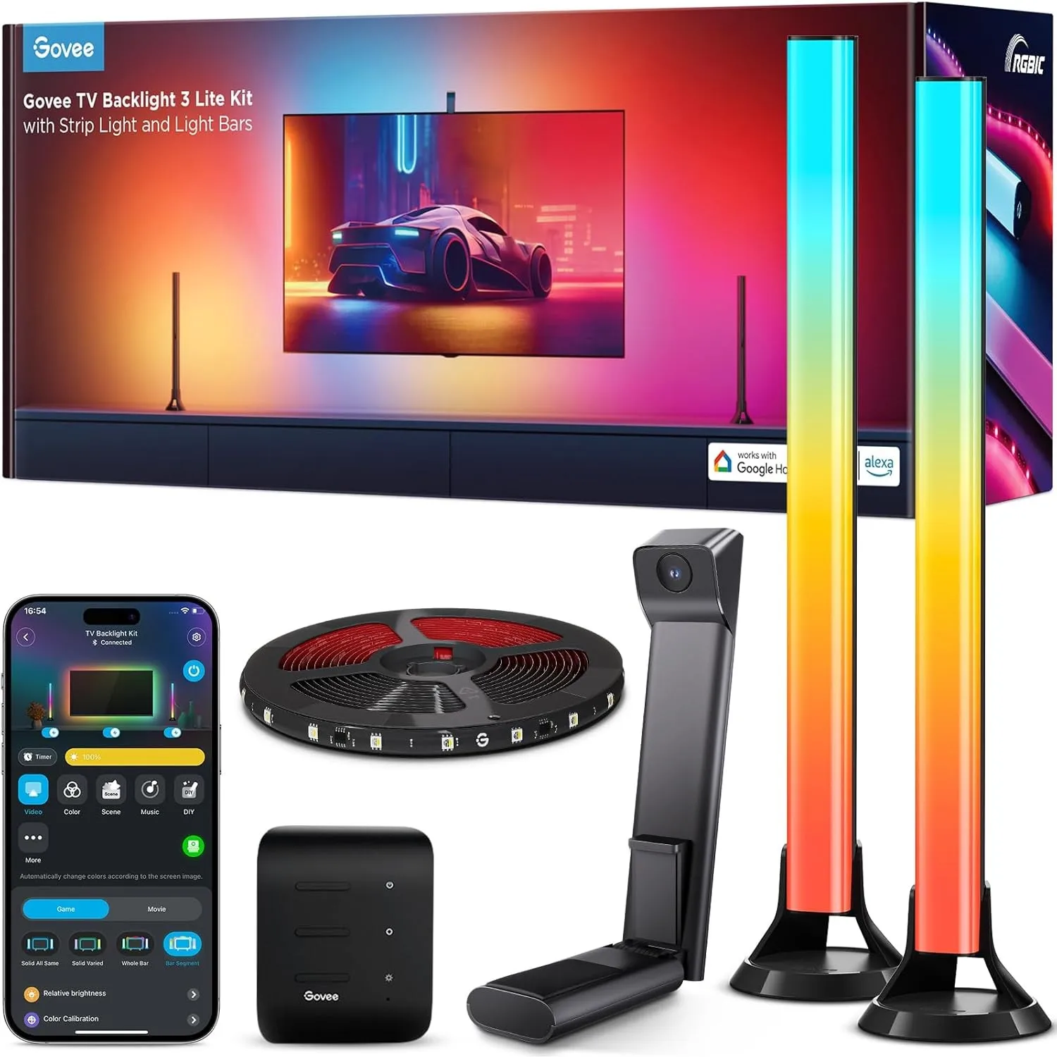 Govee TV Backlight 3 Lite für 55-65 Zoll Fernseher, 16 Millionen Farben | 3.6m RGBIC Strip mit Kamera, 15 Zoll Smart Li…