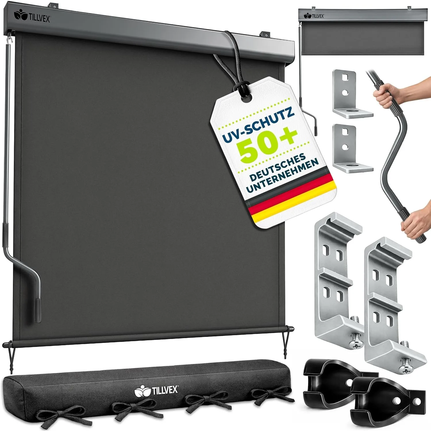 tillvex® Senkrechtmarkise 160 x 250 cm für Innen & Außen mit Regencover | Außenrollo wasserfest mit Handkurbel für Balk…