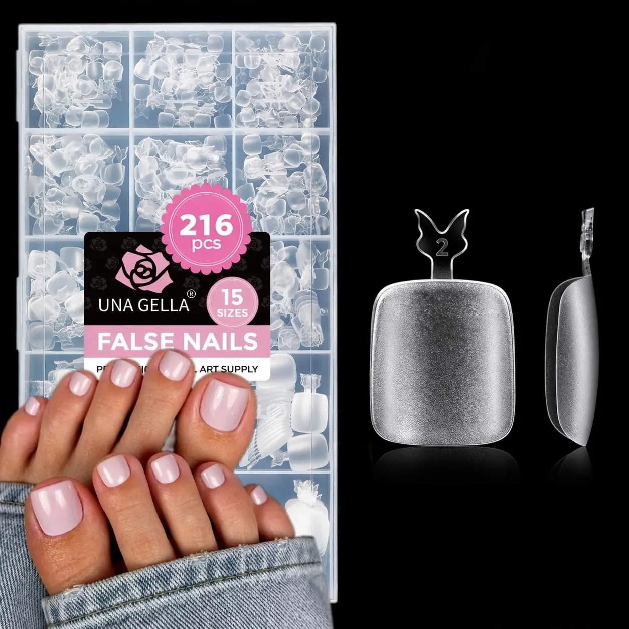 UNA GELLA Fußnägel Tips, 216 Stück 15 Größen Square Tips für Fussnägel Klar Vorformung Fussnägel zum Kleben Double Matt…